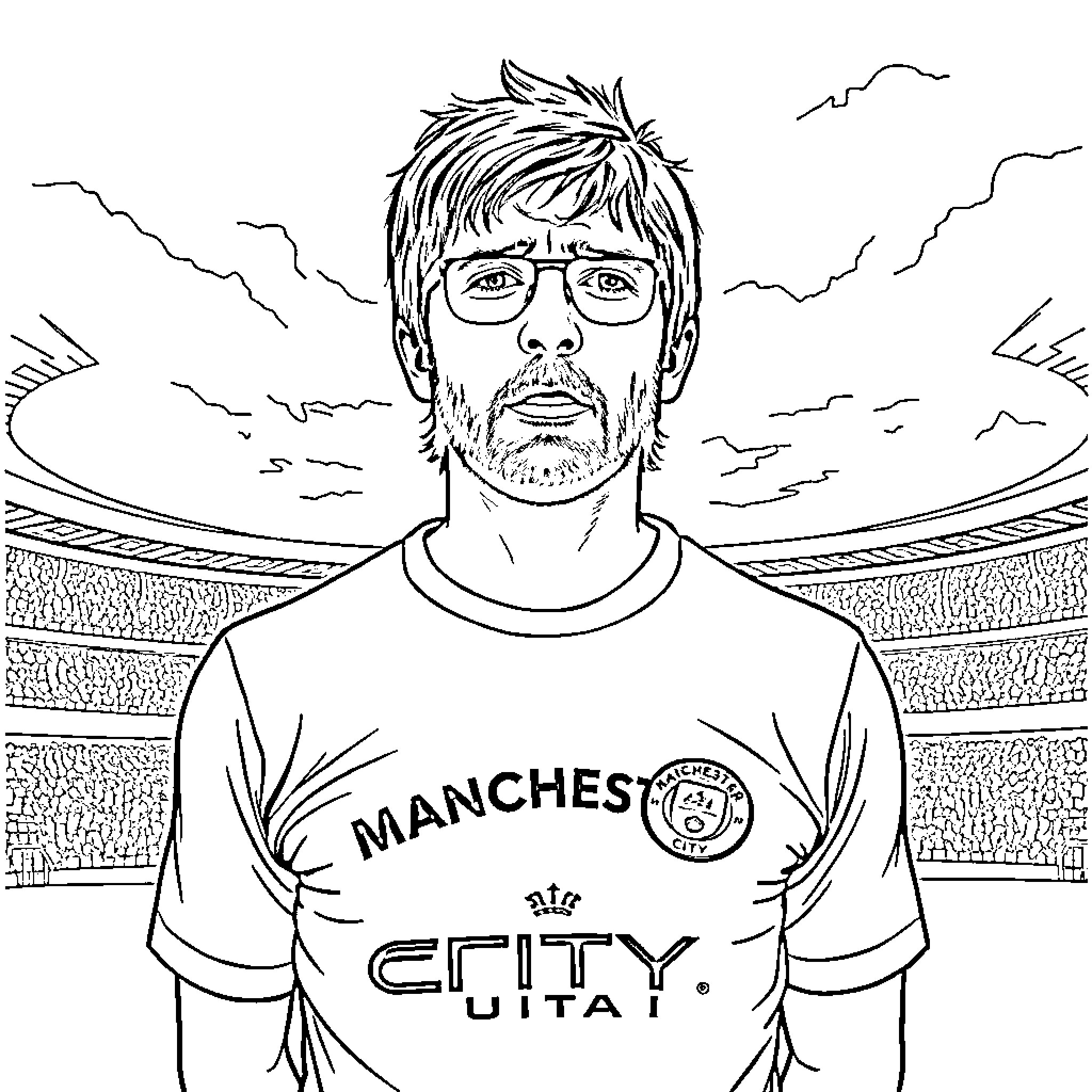 Liam Gallagher in Manchester City jersey with a focused expression Coloring Page (free black-and-white line drawing printable PDF for all, from beginners to advanced learners, including children, teens, adults, and seniors)