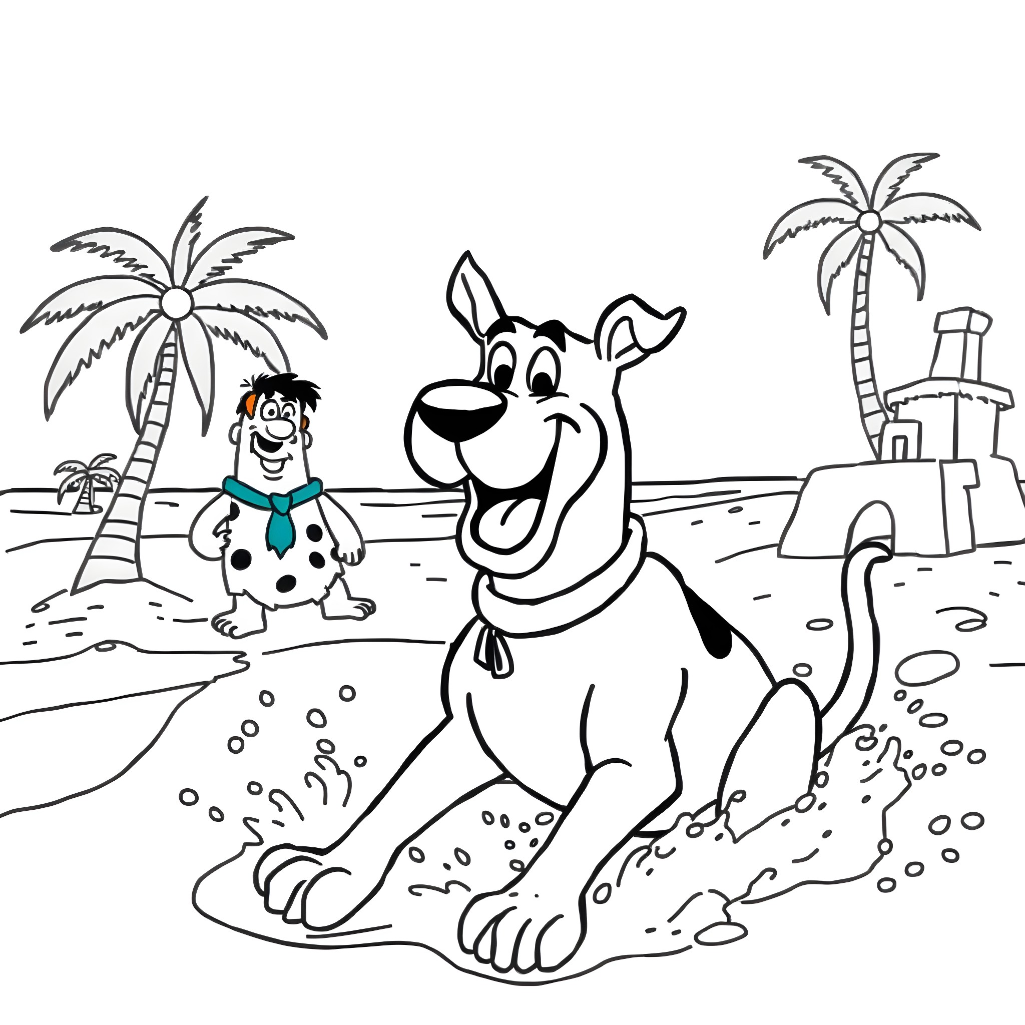Scooby Doo enjoying a day at the beach Coloring Page (free black-and-white line drawing printable PDF for all, from beginners to advanced learners, including children, teens, adults, and seniors)