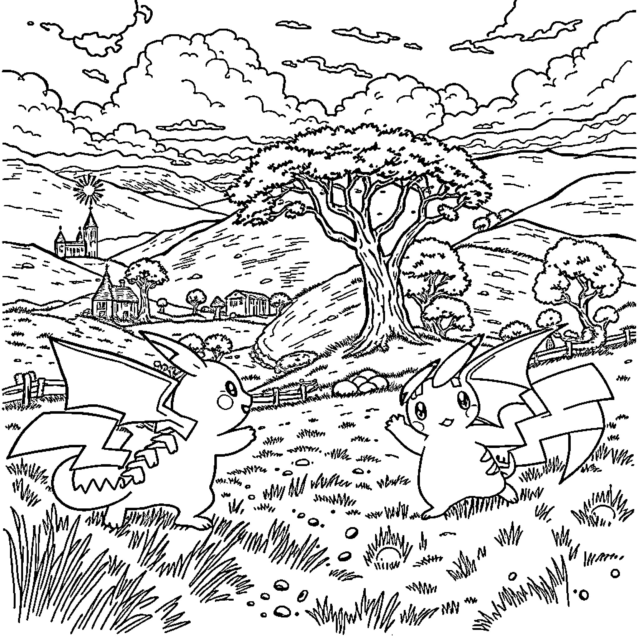 Pokémon Landscape with Creatures and Structures Coloring Page (free black-and-white line drawing printable PDF for all, from beginners to advanced learners, including children, teens, adults, and seniors)