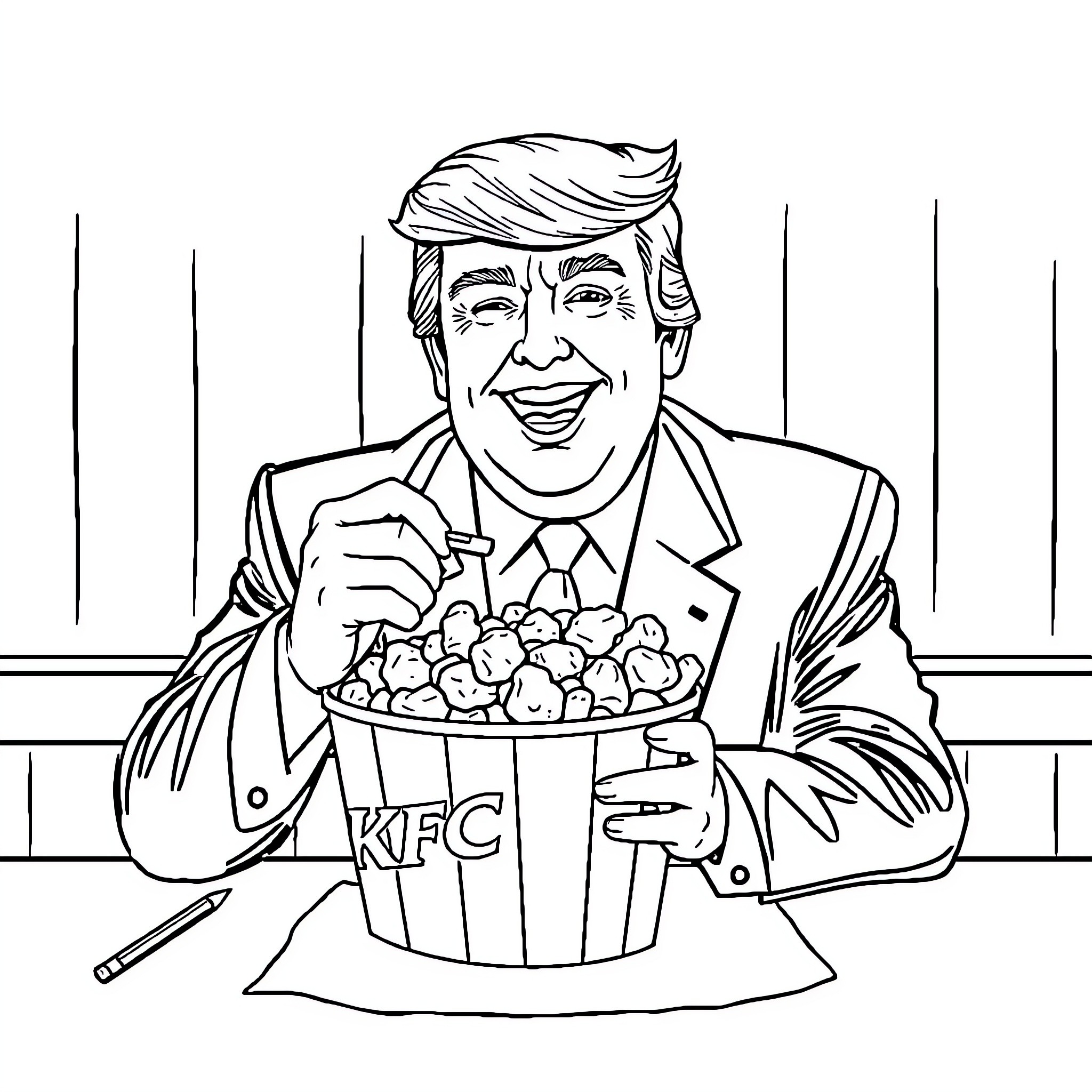 Donald Trump Enjoying Fried Chicken at KFC Coloring Page (free black-and-white line drawing printable PDF for all, from beginners to advanced learners, including children, teens, adults, and seniors)