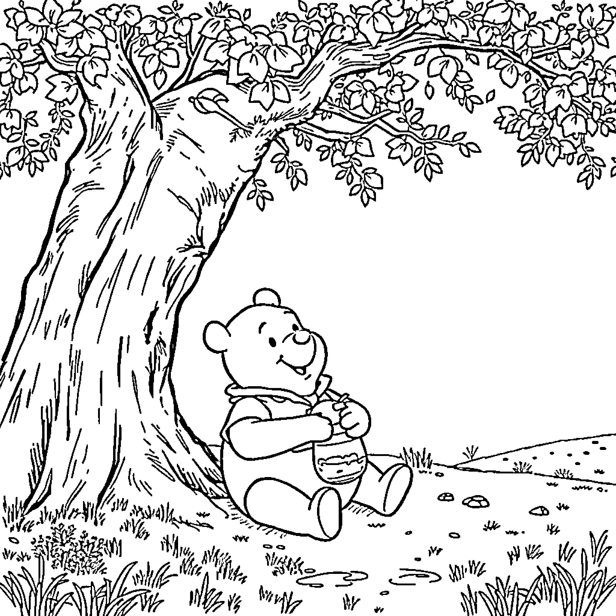 Winnie The Pooh enjoying a picnic under the tree Coloring Page (free black-and-white line drawing printable PDF for all, from beginners to advanced learners, including children, teens, adults, and seniors)