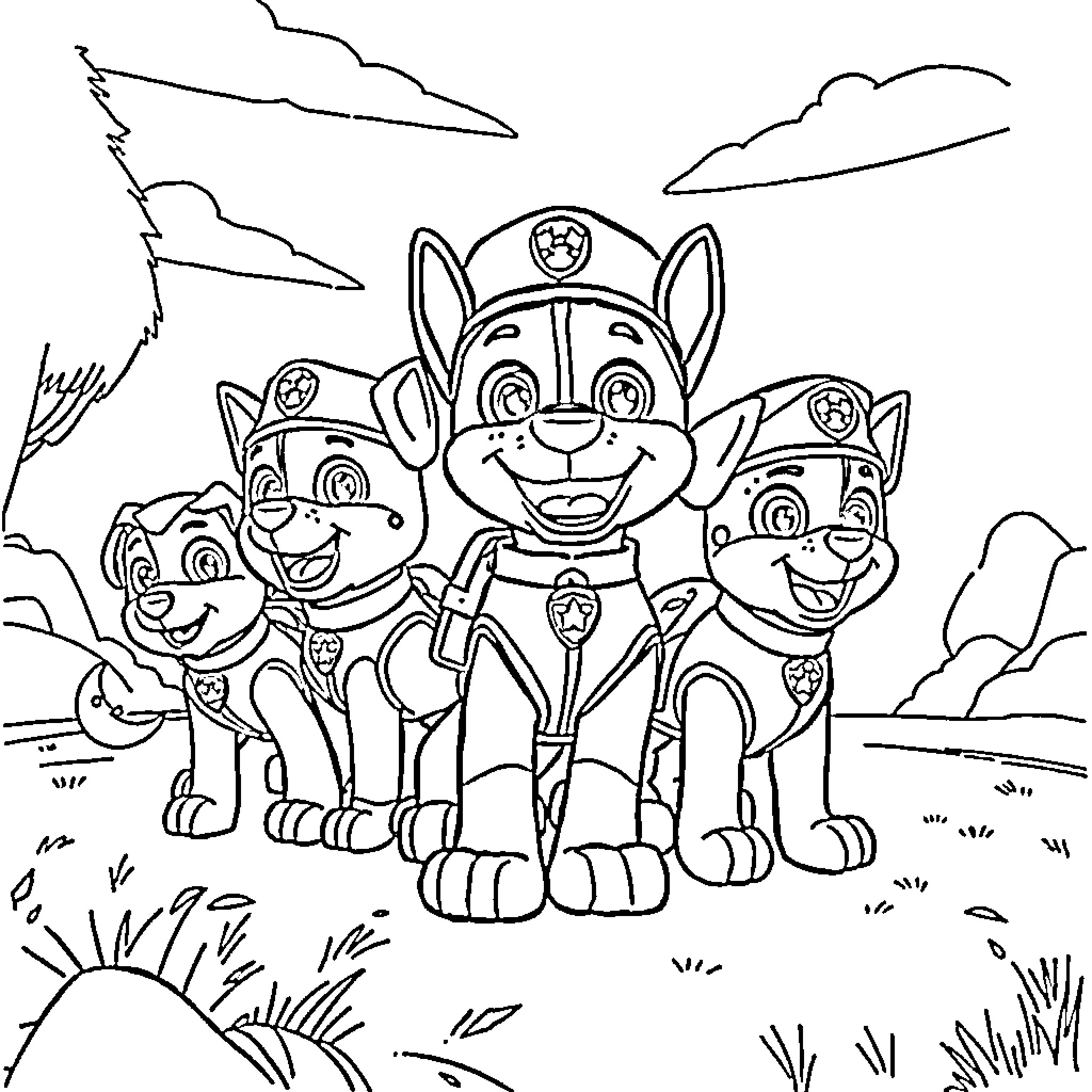 Paw Patrol Team in Animated Adventure Coloring Page (free black-and-white line drawing printable PDF for all, from beginners to advanced learners, including children, teens, adults, and seniors)