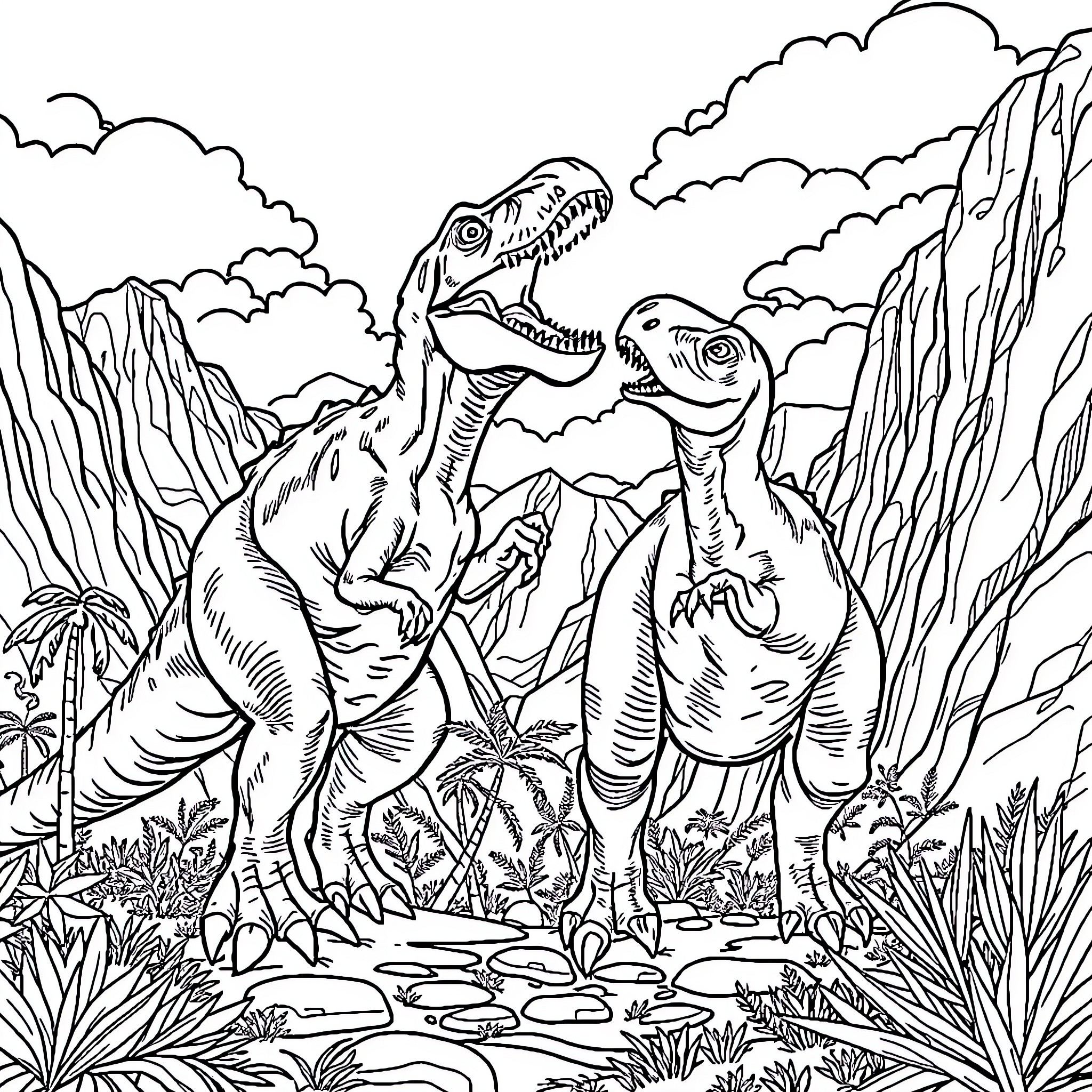 Dinosaurs engaged in a fierce encounter in prehistoric landscape Coloring Page (free black-and-white line drawing printable PDF for all, from beginners to advanced learners, including children, teens, adults, and seniors)