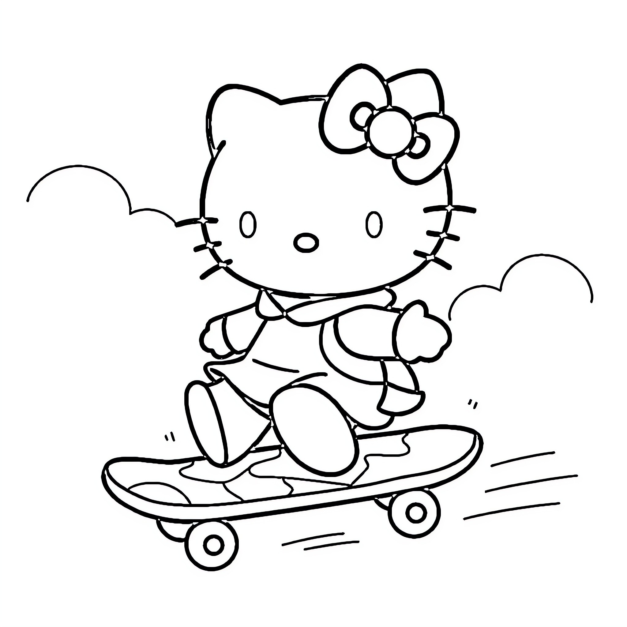 Hello Kitty riding a skateboard Coloring Page (free black-and-white line drawing printable PDF for all, from beginners to advanced learners, including children, teens, adults, and seniors)