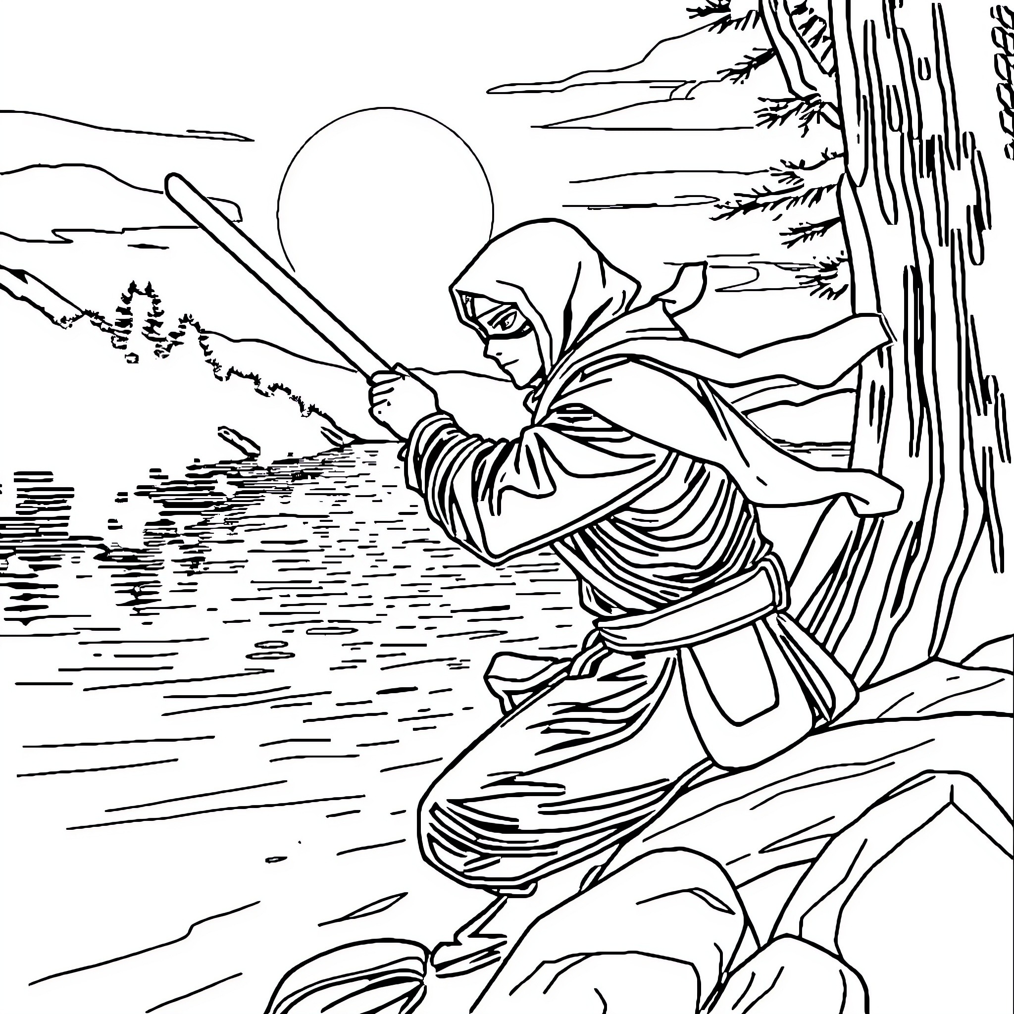 Ninja in Action: Striking Pose amid Scenic Landscape Coloring Page (free black-and-white line drawing printable PDF for all, from beginners to advanced learners, including children, teens, adults, and seniors)