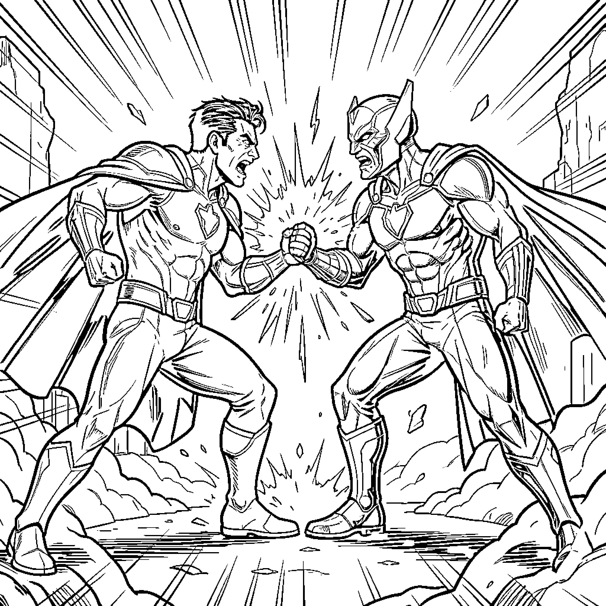 Mark Grayson battling a superhero opponent in a confrontation Coloring Page (free black-and-white line drawing printable PDF for all, from beginners to advanced learners, including children, teens, adults, and seniors)