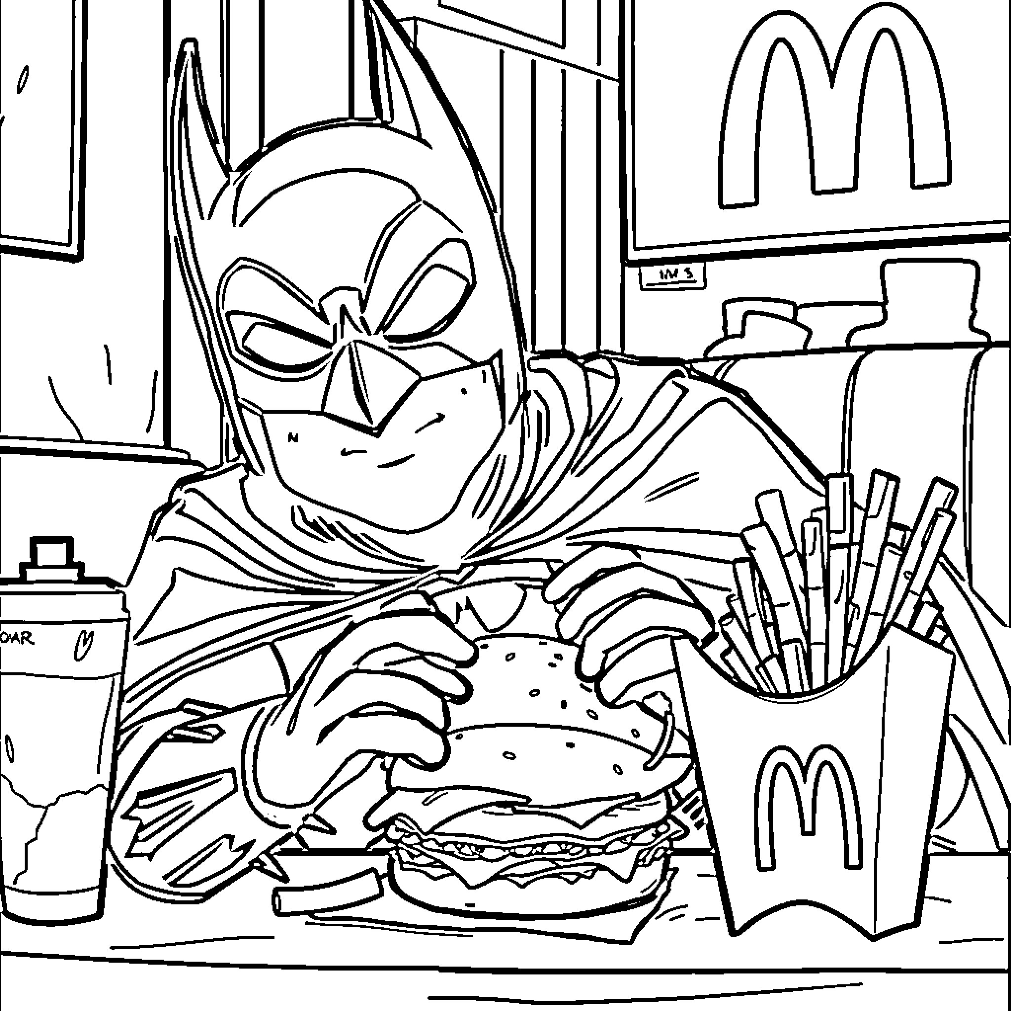 Batman enjoying a fast food meal in the city Coloring Page (free black-and-white line drawing printable PDF for all, from beginners to advanced learners, including children, teens, adults, and seniors)