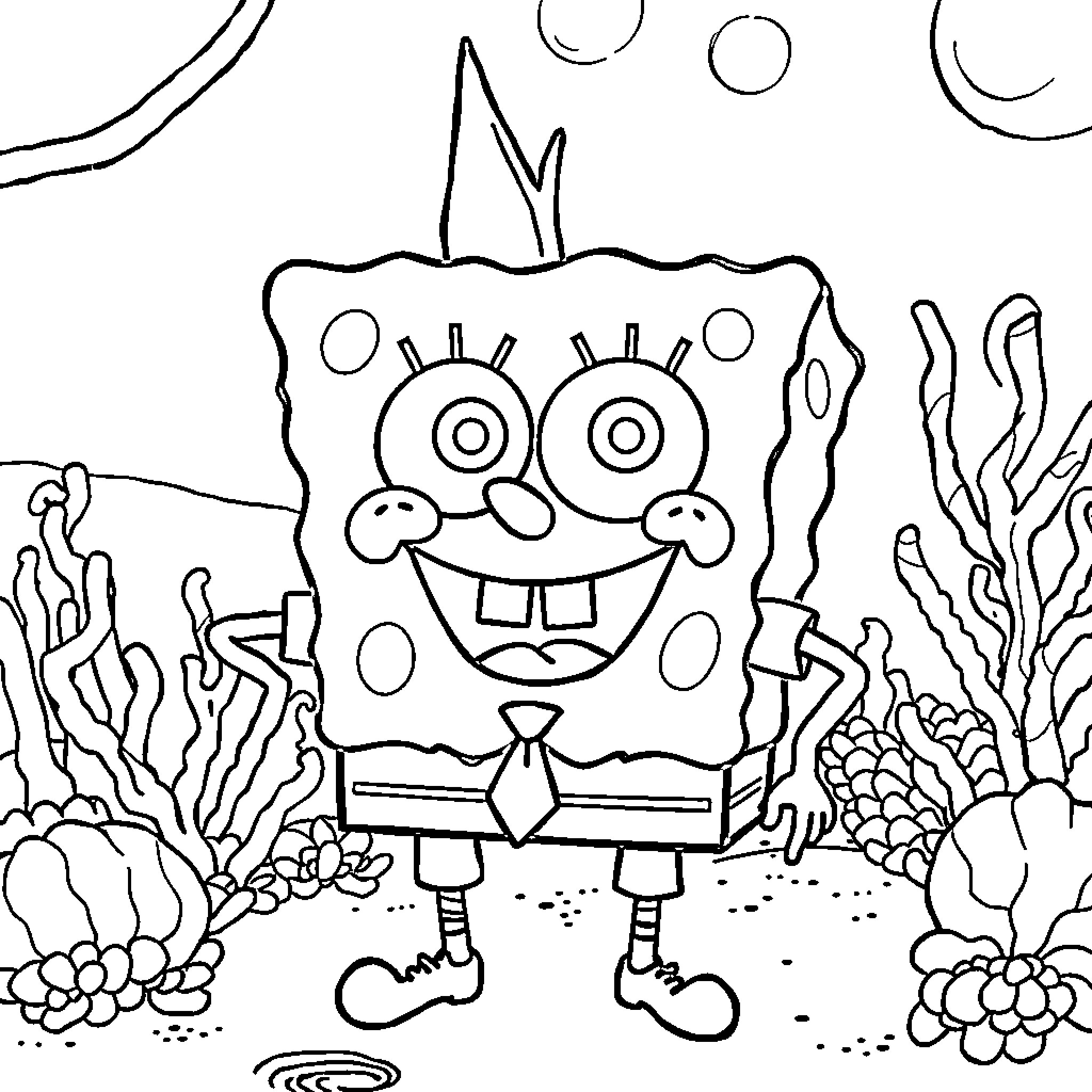 Spongebob exploring the underwater world Coloring Page (free black-and-white line drawing printable PDF for all, from beginners to advanced learners, including children, teens, adults, and seniors)