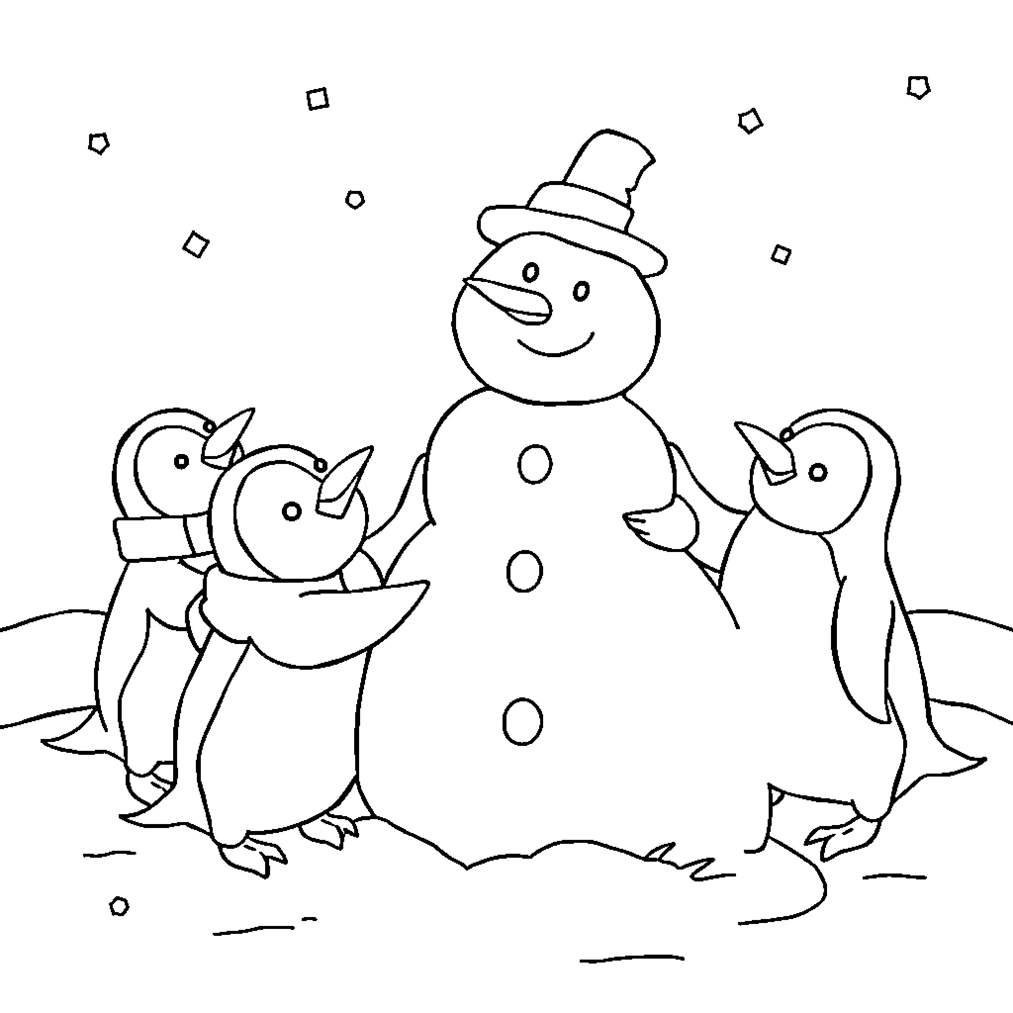 Penguins admiring the jolly snowman in winter wonderland Coloring Page (free black-and-white line drawing printable PDF for all, from beginners to advanced learners, including children, teens, adults, and seniors)
