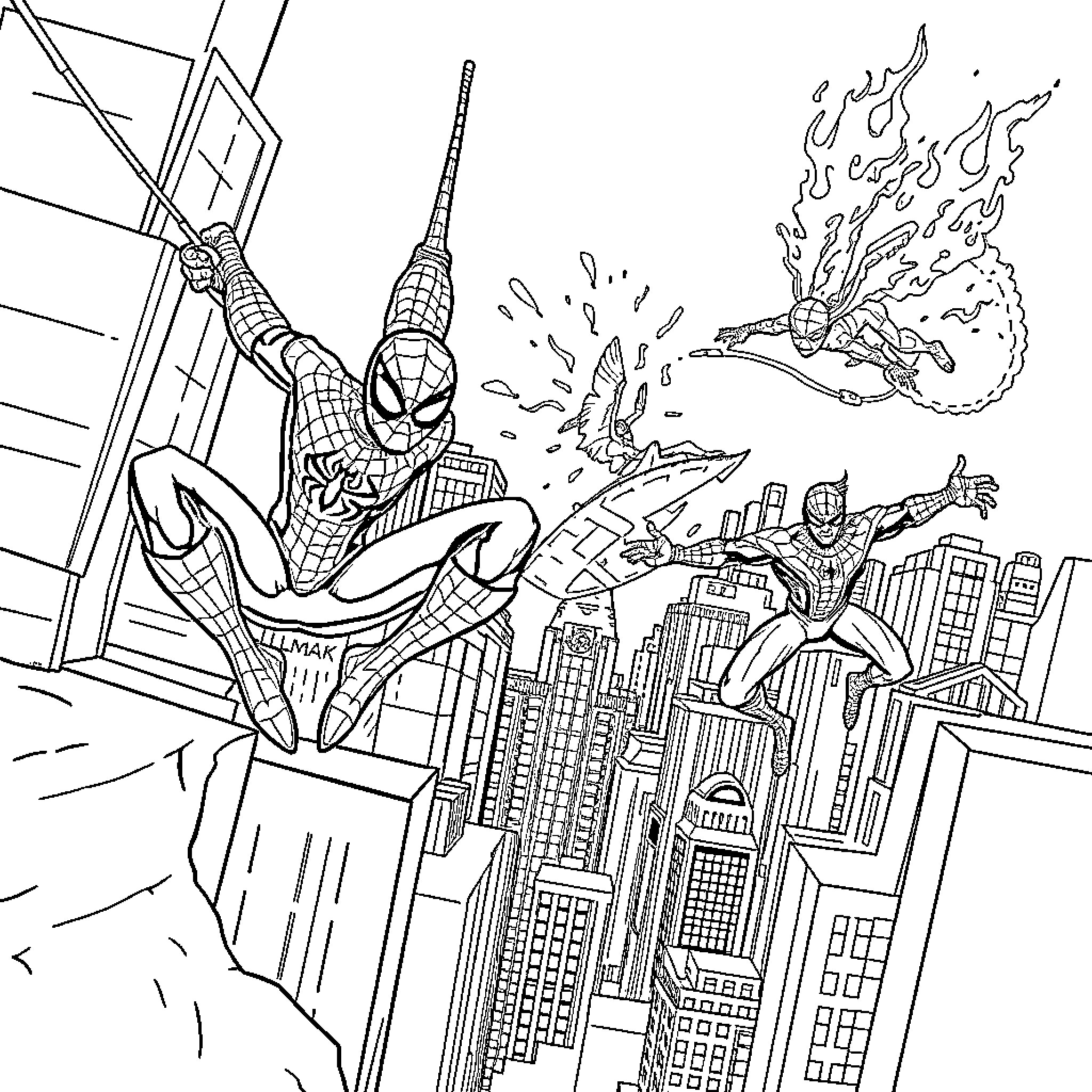 Spiderman swinging through the city with Ironman Coloring Page (free black-and-white line drawing printable PDF for all, from beginners to advanced learners, including children, teens, adults, and seniors)