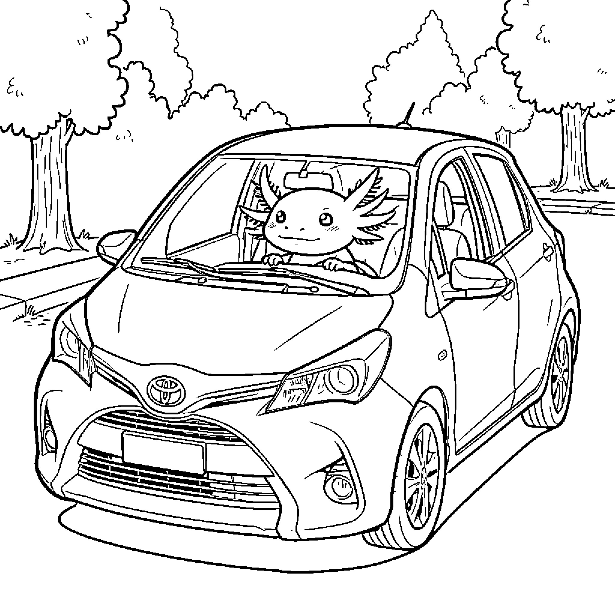 Axolotl driving a small car through a park Coloring Page (free black-and-white line drawing printable PDF for all, from beginners to advanced learners, including children, teens, adults, and seniors)
