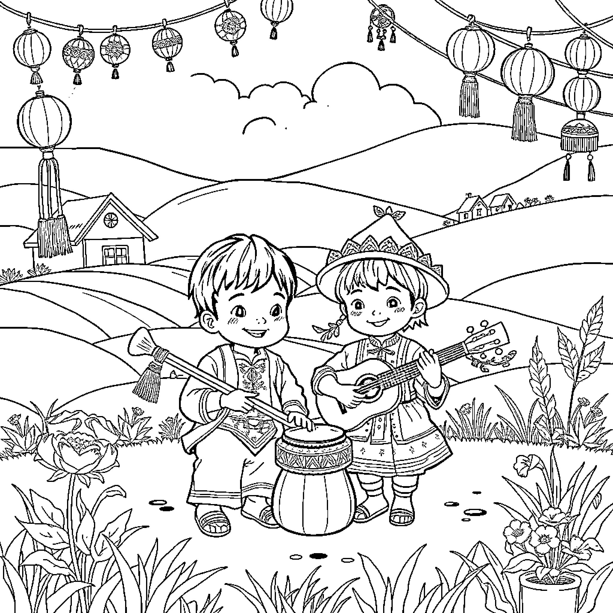 Boy and Girl Playing Music in Festive Countryside Coloring Page (free black-and-white line drawing printable PDF for all, from beginners to advanced learners, including children, teens, adults, and seniors)