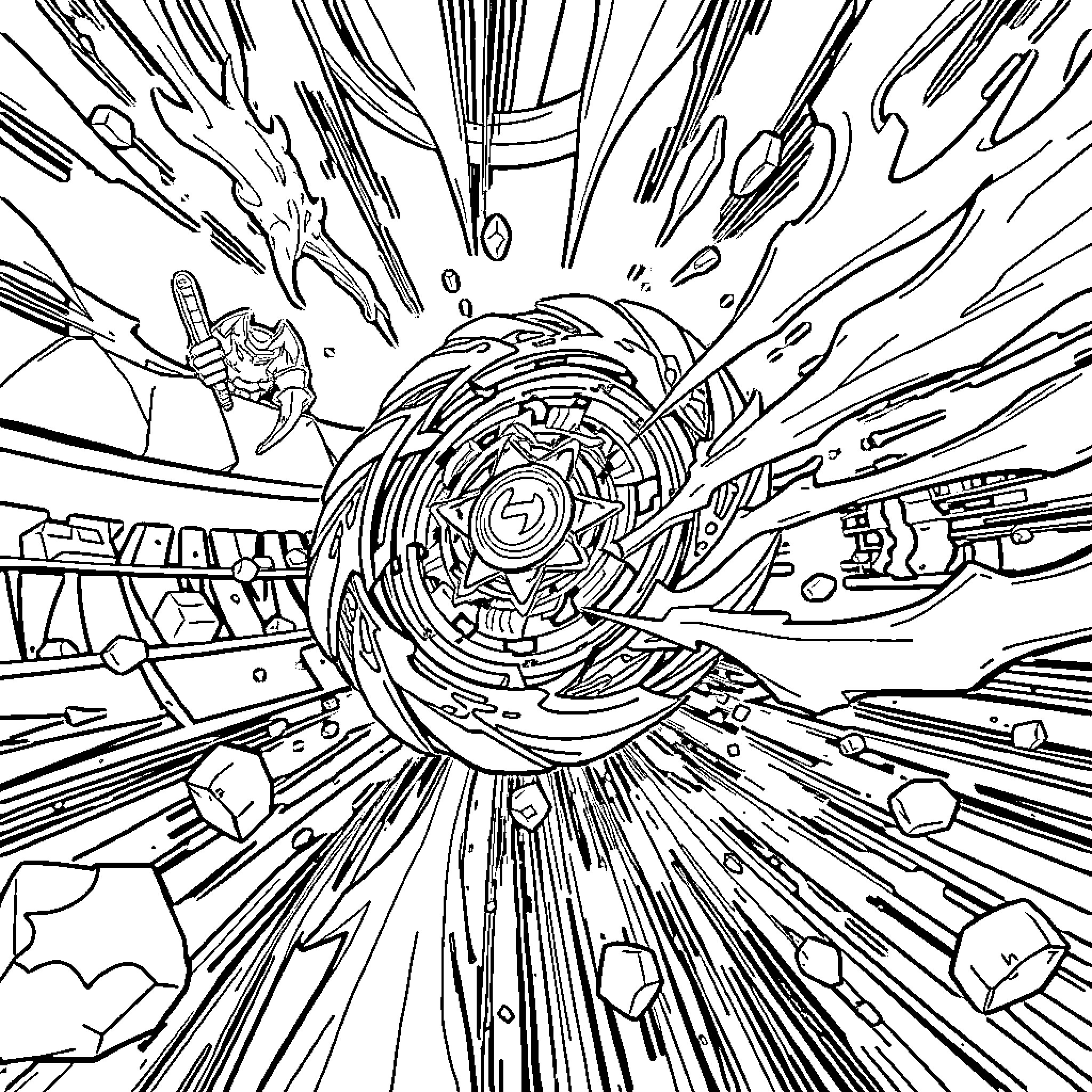 Beyblade battle with explosive spin and action Coloring Page (free black-and-white line drawing printable PDF for all, from beginners to advanced learners, including children, teens, adults, and seniors)