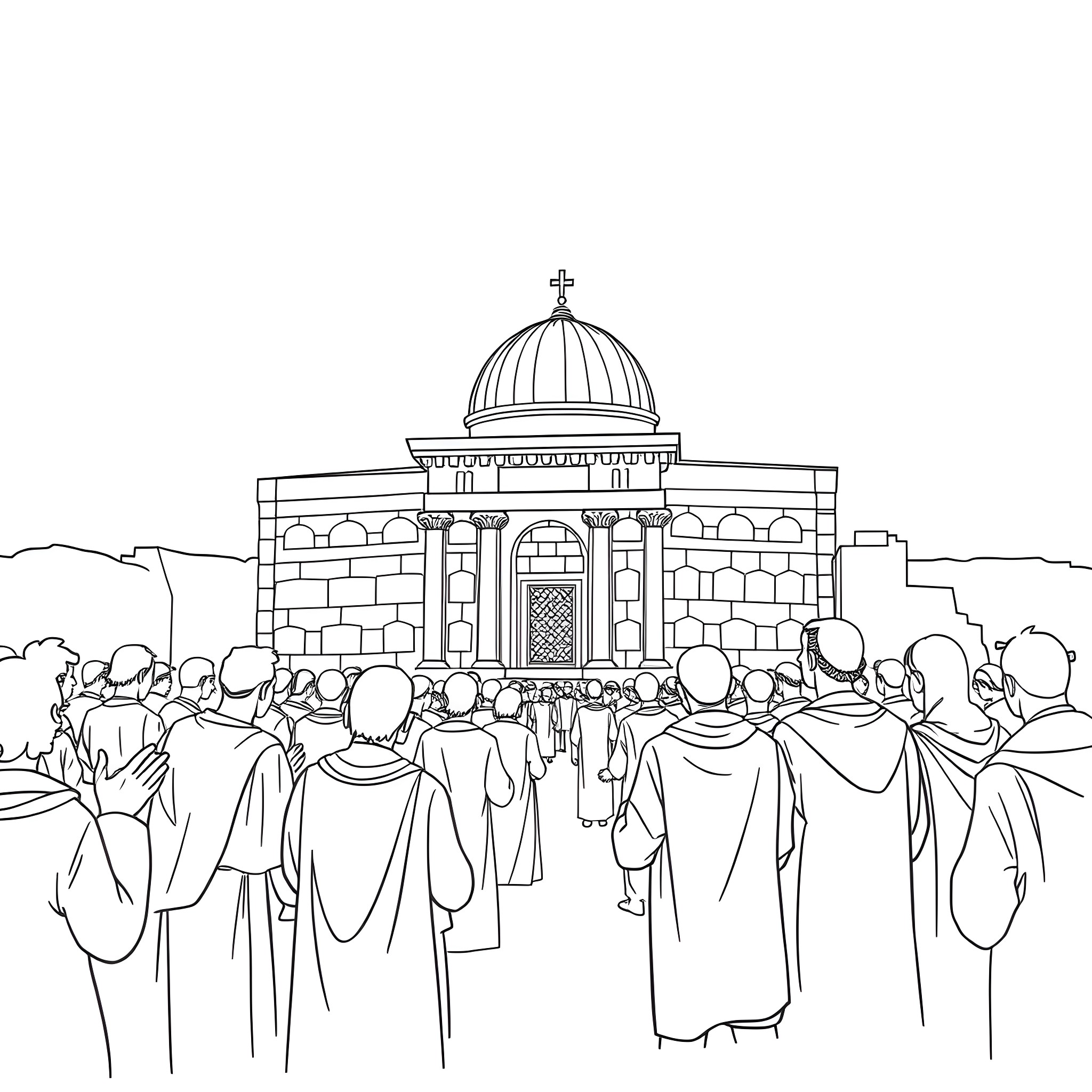 Temple with Worshippers in Ceremonial Procession Coloring Page (free black-and-white line drawing printable PDF for all, from beginners to advanced learners, including children, teens, adults, and seniors)