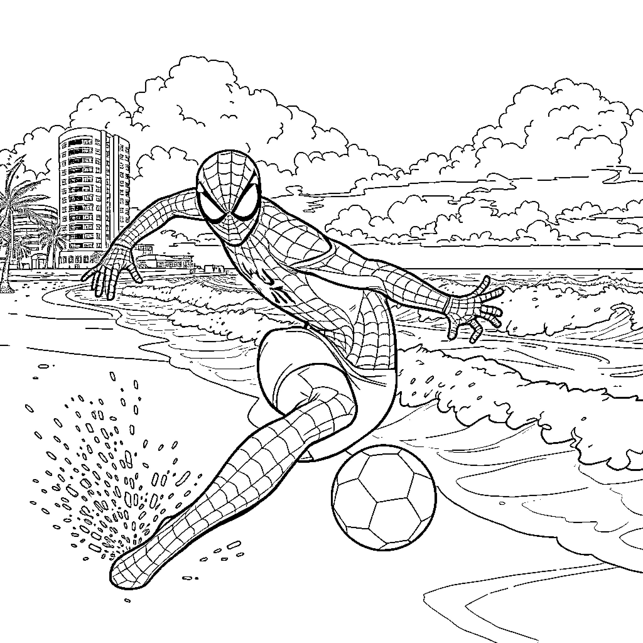 Spider-Man kicking soccer ball on the beach Coloring Page (free black-and-white line drawing printable PDF for all, from beginners to advanced learners, including children, teens, adults, and seniors)