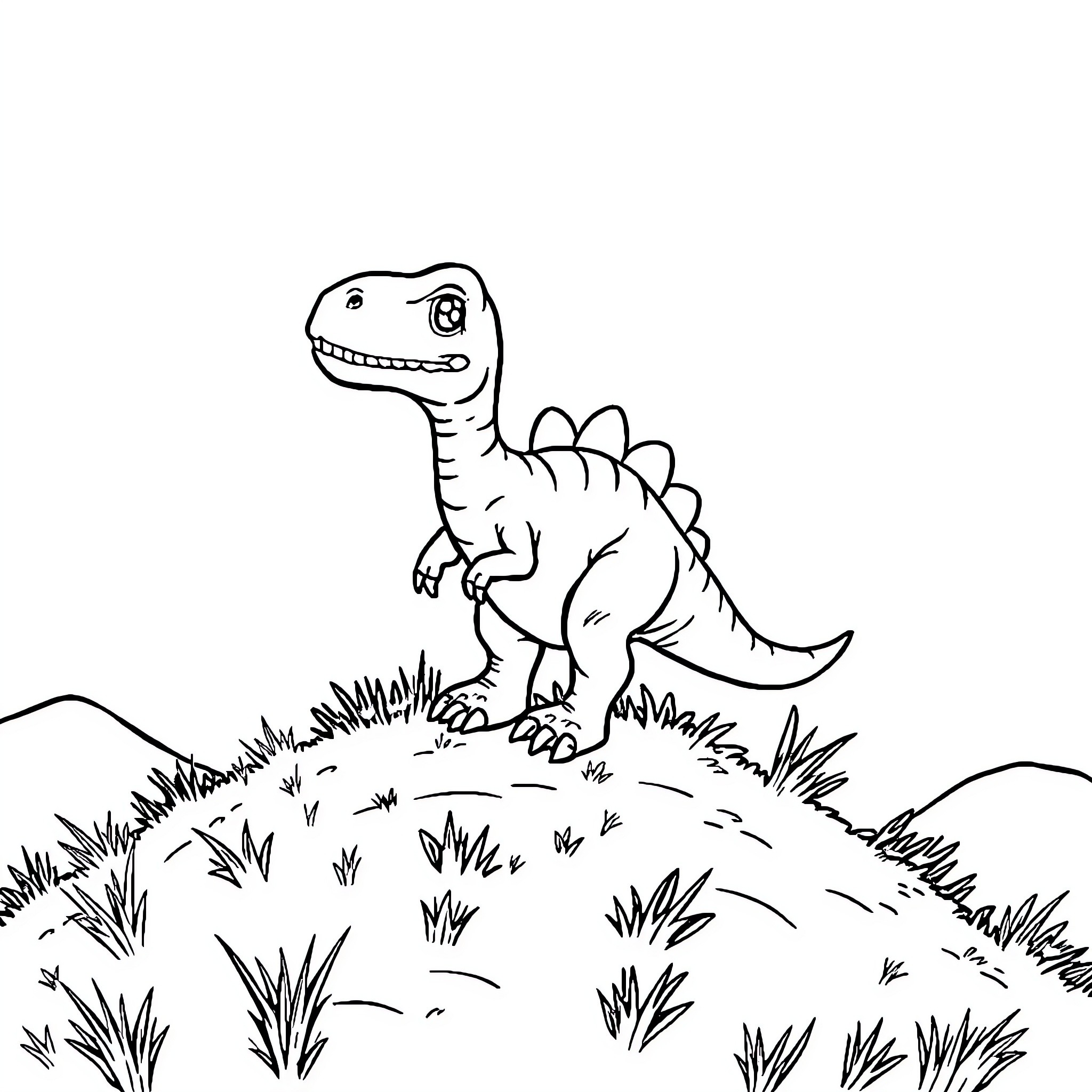 Dinosaur exploring grassy landscape Coloring Page (free black-and-white line drawing printable PDF for all, from beginners to advanced learners, including children, teens, adults, and seniors)