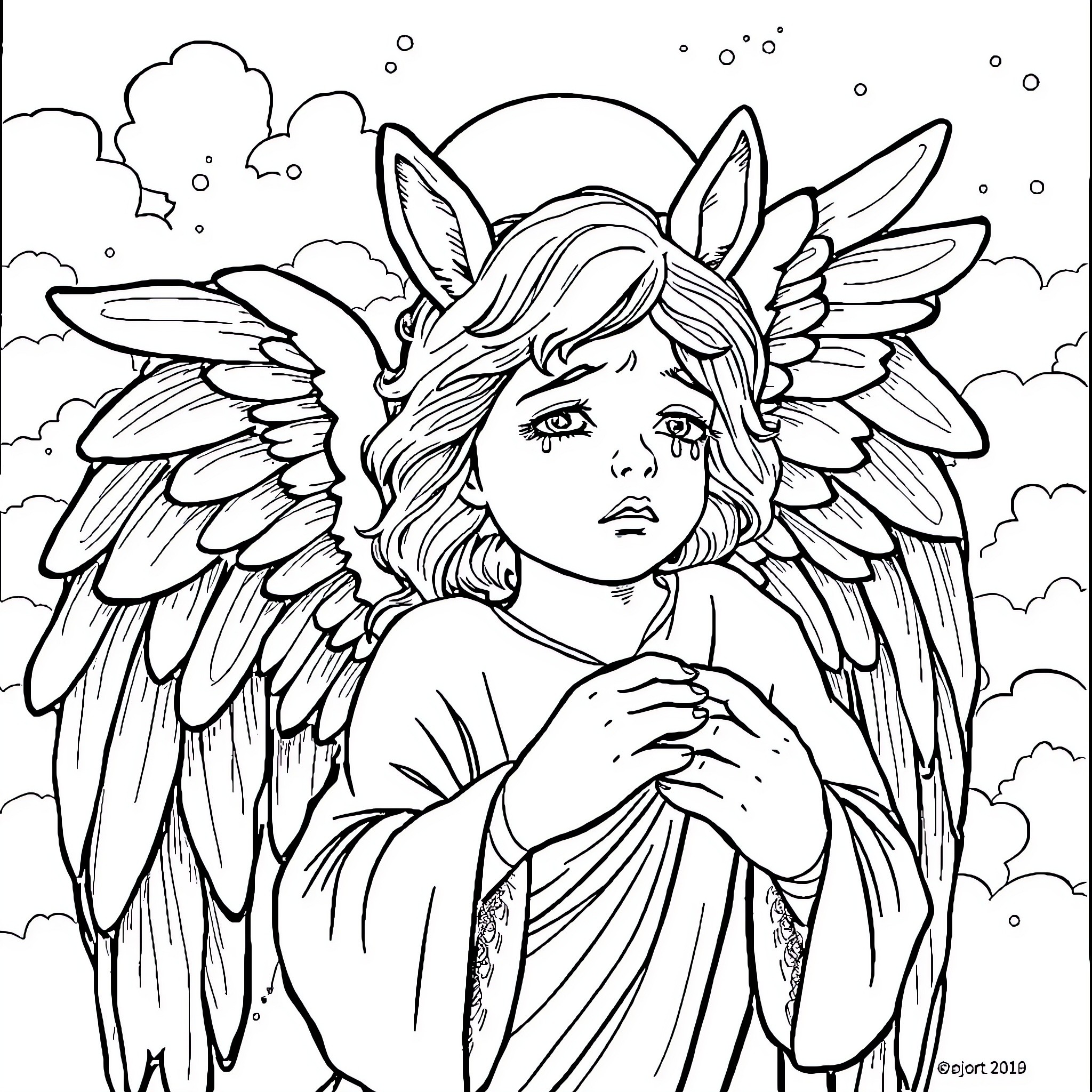 Angel in Contemplative Pose with Ethereal Wings Coloring Page (free black-and-white line drawing printable PDF for all, from beginners to advanced learners, including children, teens, adults, and seniors)