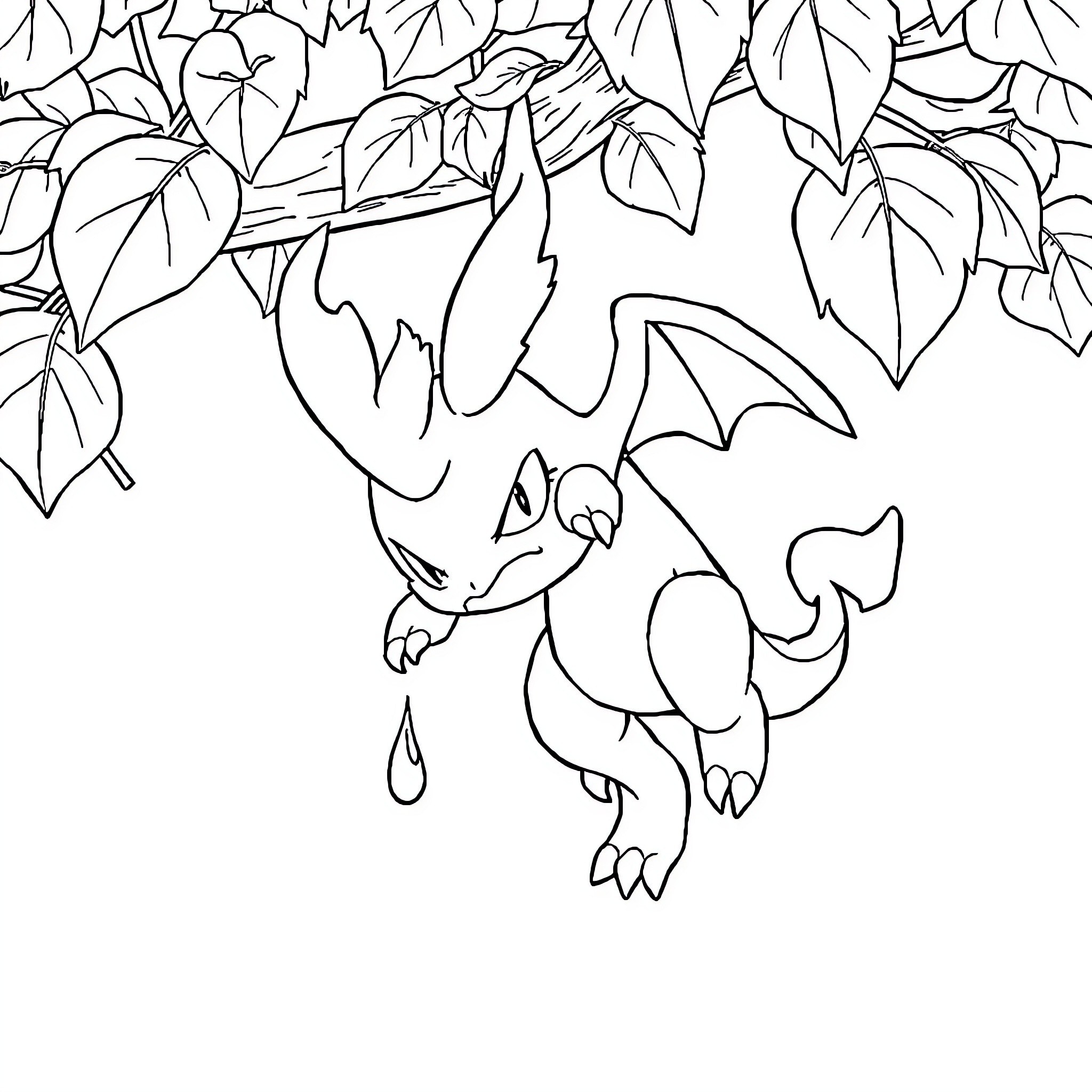 Glurak soaring through the foliage Coloring Page (free black-and-white line drawing printable PDF for all, from beginners to advanced learners, including children, teens, adults, and seniors)