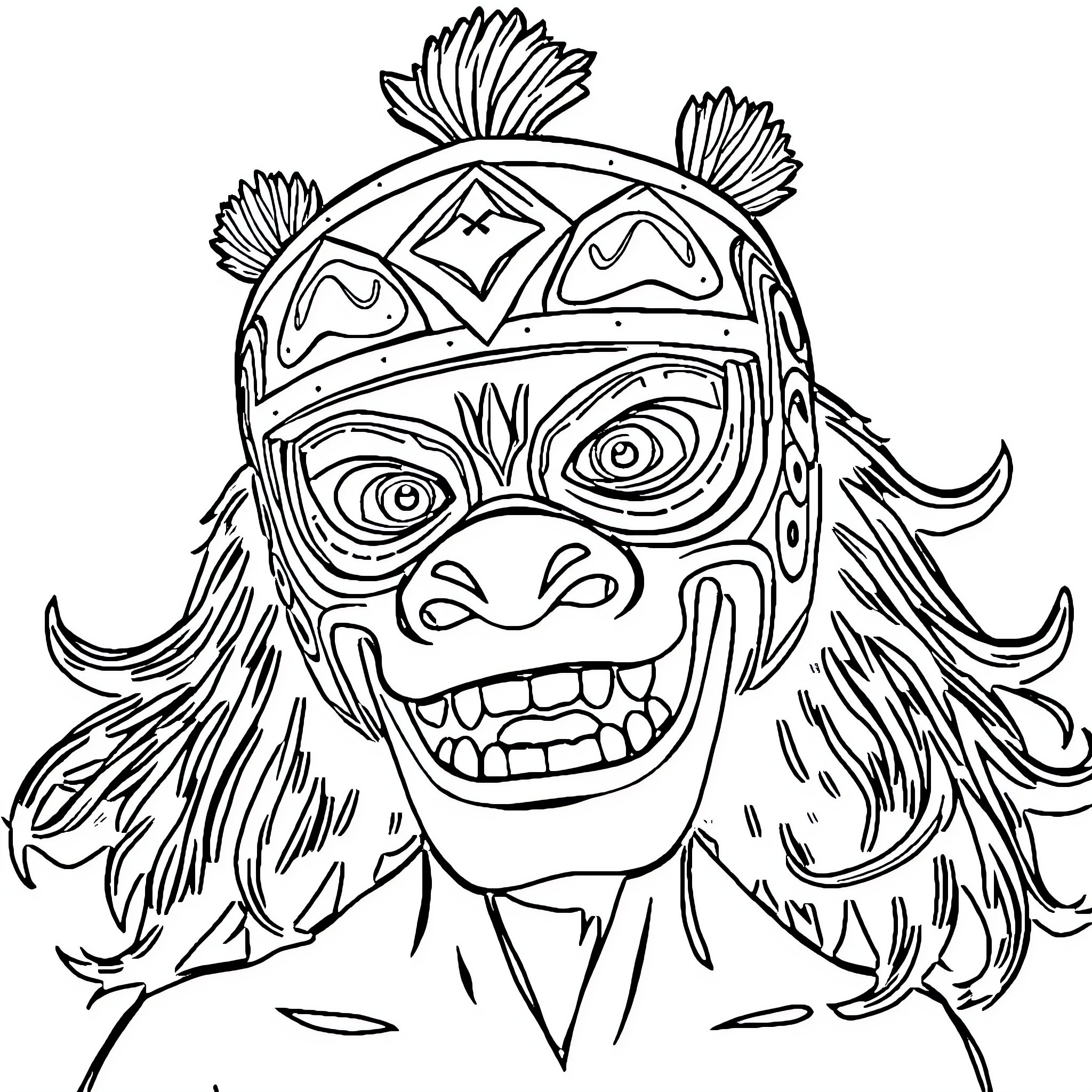 Noodle Mask with Vibrant Patterns and Expressions Coloring Page (free black-and-white line drawing printable PDF for all, from beginners to advanced learners, including children, teens, adults, and seniors)