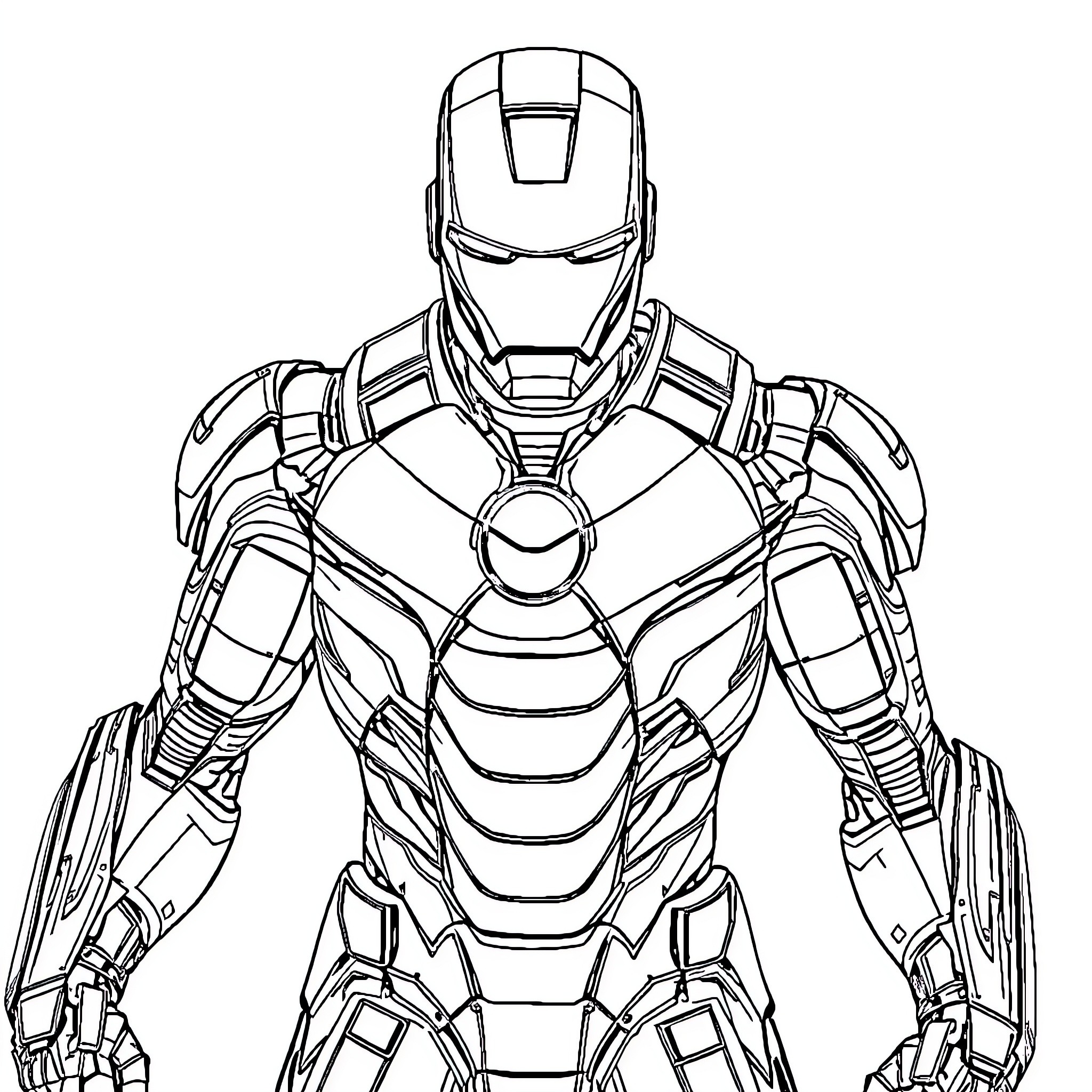 Ironman in heroic battle stance Coloring Page (free black-and-white line drawing printable PDF for all, from beginners to advanced learners, including children, teens, adults, and seniors)