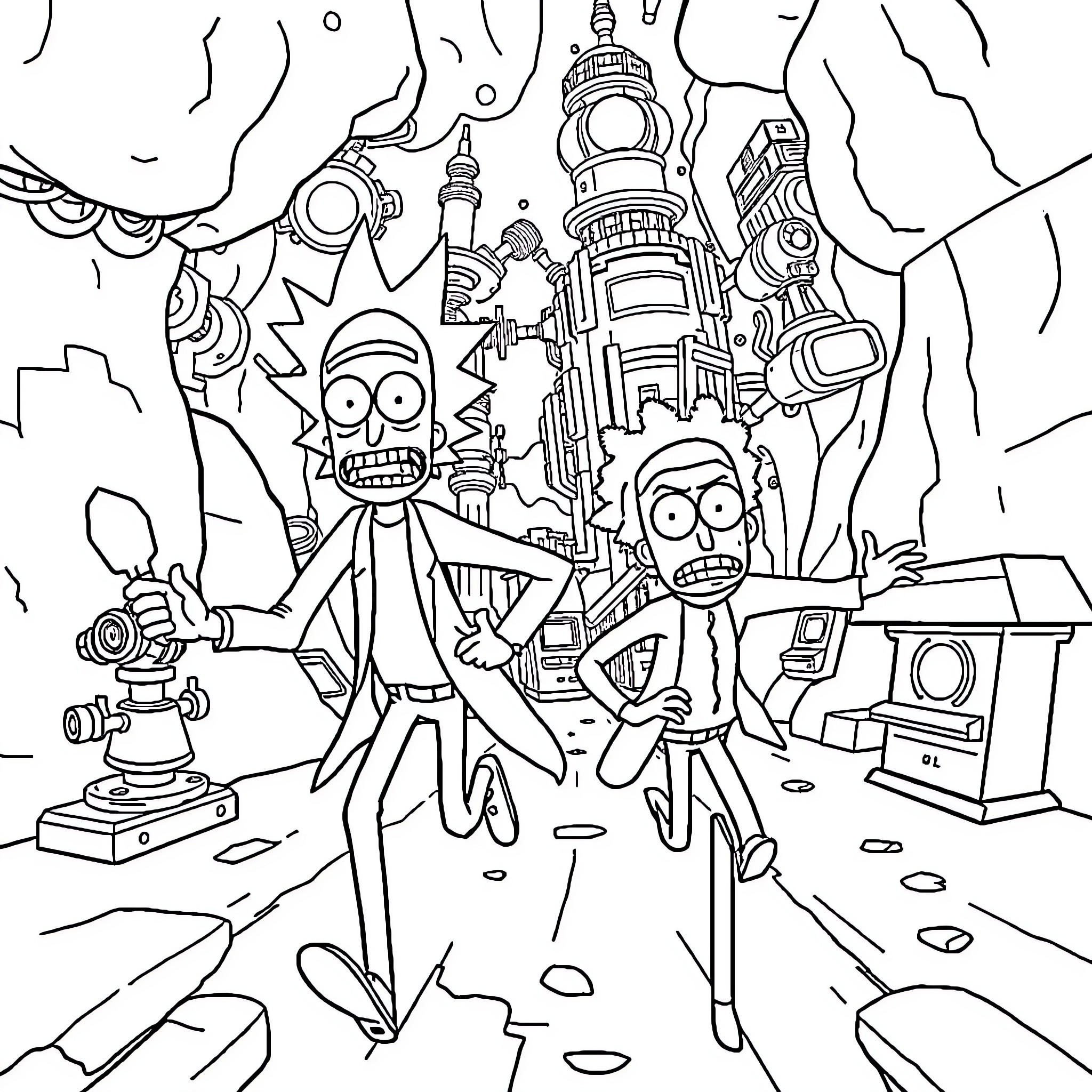 Rick And Morty's Crazy Intergalactic Adventure Coloring Page (free black-and-white line drawing printable PDF for all, from beginners to advanced learners, including children, teens, adults, and seniors)
