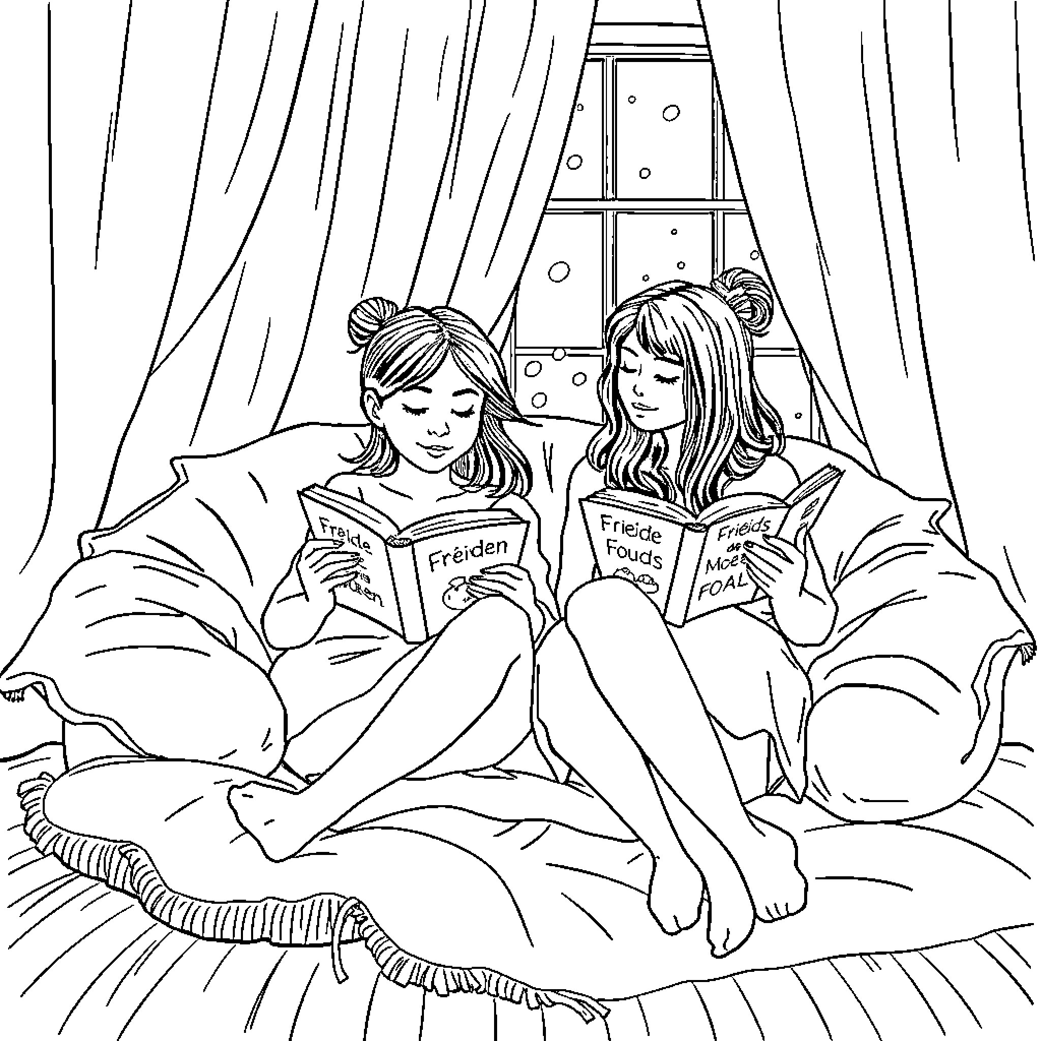 Fille reading books together Coloring Page (free black-and-white line drawing printable PDF for all, from beginners to advanced learners, including children, teens, adults, and seniors)