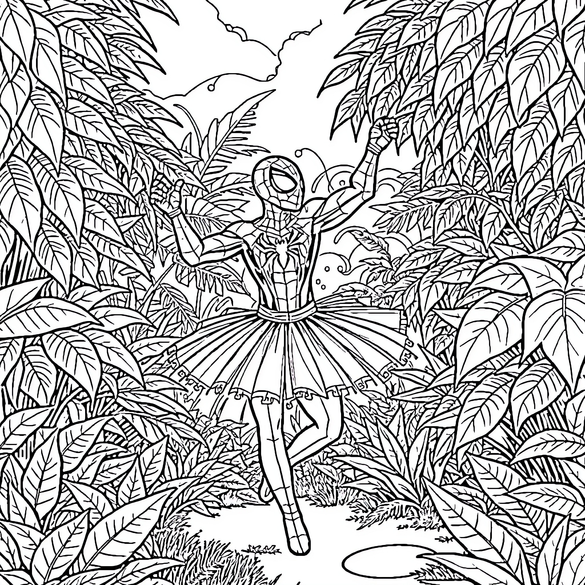 Spiderman in a lush, tropical jungle Coloring Page (free black-and-white line drawing printable PDF for all, from beginners to advanced learners, including children, teens, adults, and seniors)