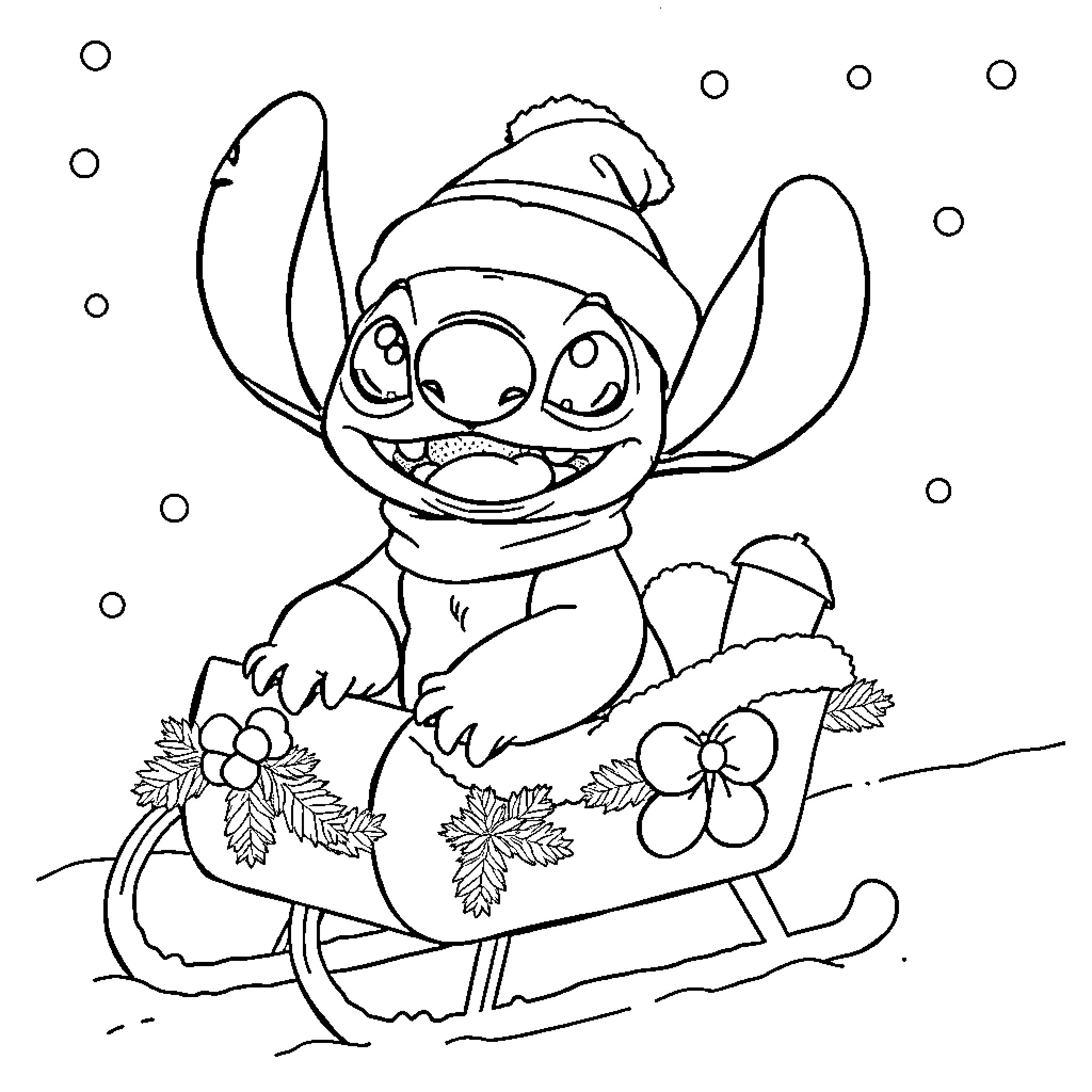 Stitch enjoying a winter sled ride Coloring Page (free black-and-white line drawing printable PDF for all, from beginners to advanced learners, including children, teens, adults, and seniors)