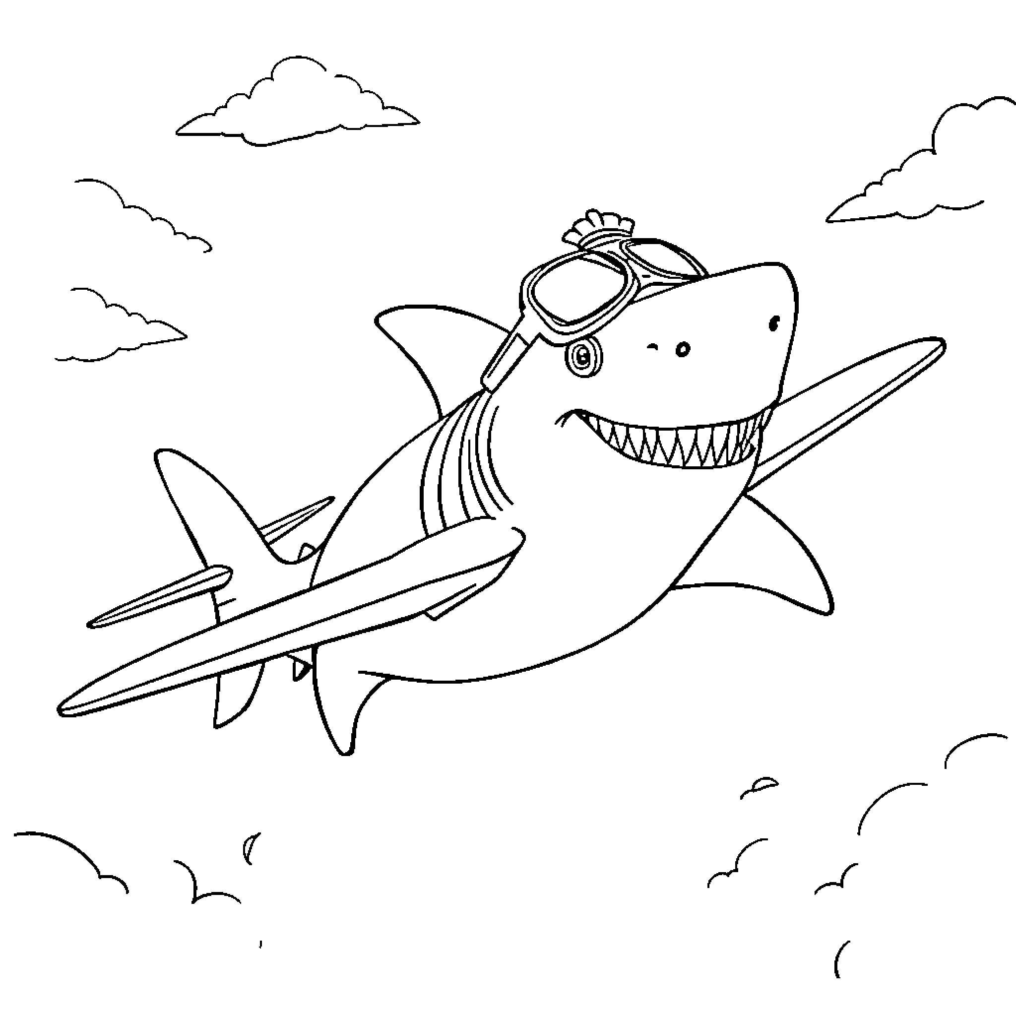 Shark flying an airplane in the sky Coloring Page (free black-and-white line drawing printable PDF for all, from beginners to advanced learners, including children, teens, adults, and seniors)