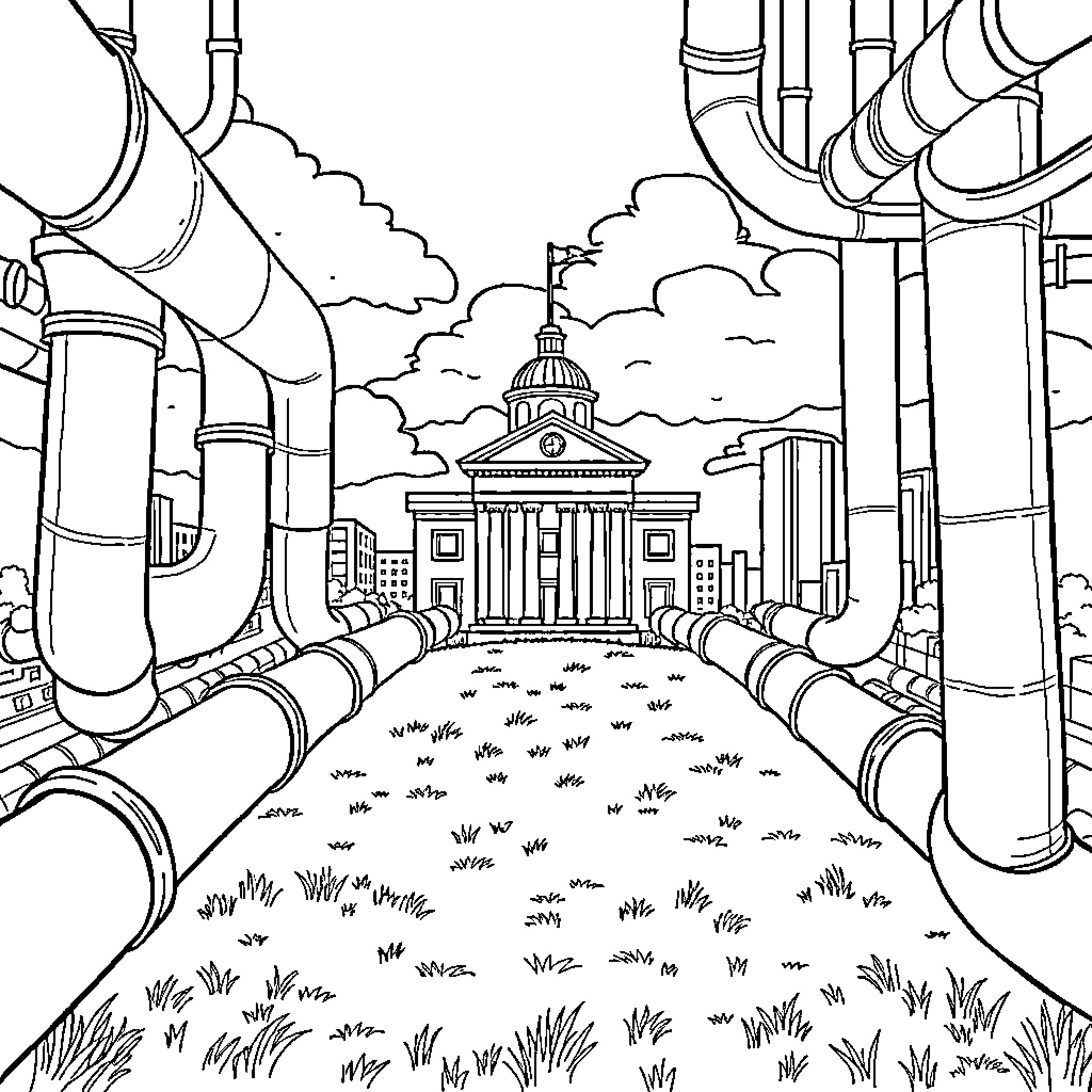 Pipe Dream of a Fantastical City Landscape Coloring Page (free black-and-white line drawing printable PDF for all, from beginners to advanced learners, including children, teens, adults, and seniors)