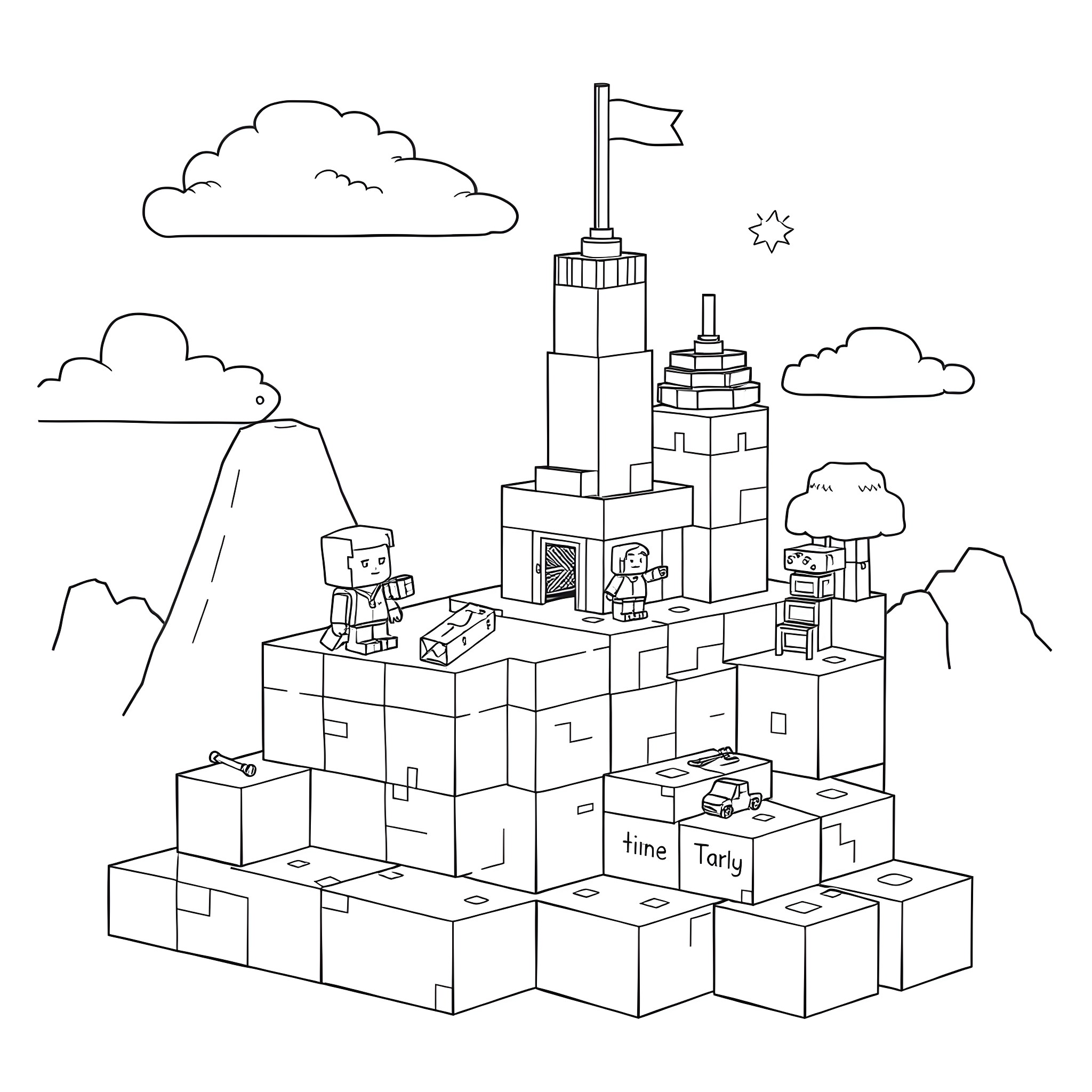 Minecraft characters exploring a blocky world Coloring Page (free black-and-white line drawing printable PDF for all, from beginners to advanced learners, including children, teens, adults, and seniors)