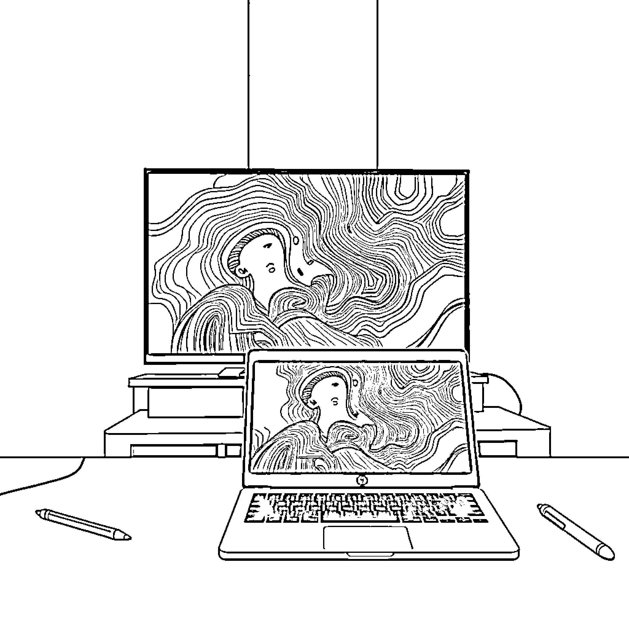 HP Chromebook displaying abstract digital art Coloring Page (free black-and-white line drawing printable PDF for all, from beginners to advanced learners, including children, teens, adults, and seniors)