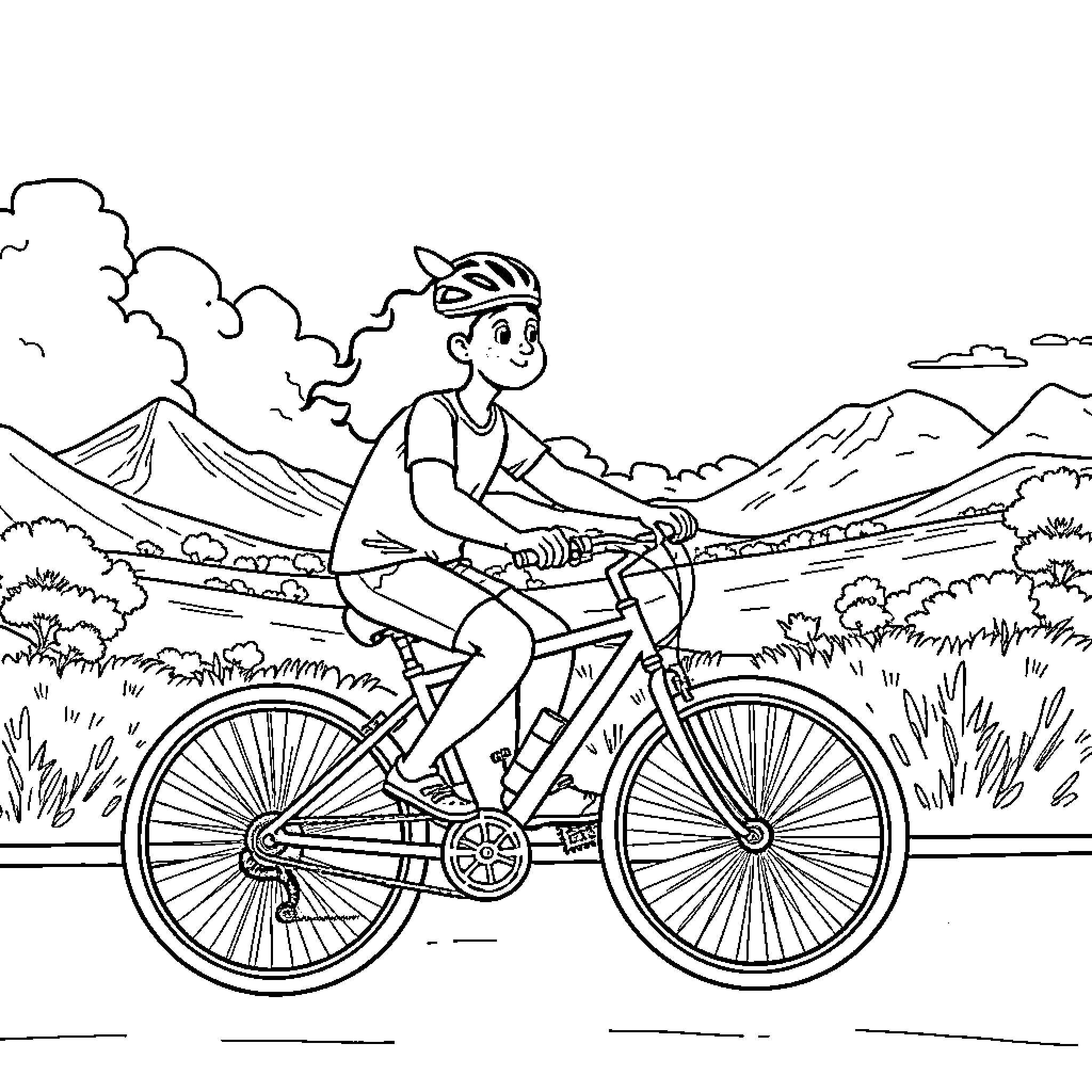 Cacomixtle enjoys a scenic bicycle ride Coloring Page (free black-and-white line drawing printable PDF for all, from beginners to advanced learners, including children, teens, adults, and seniors)