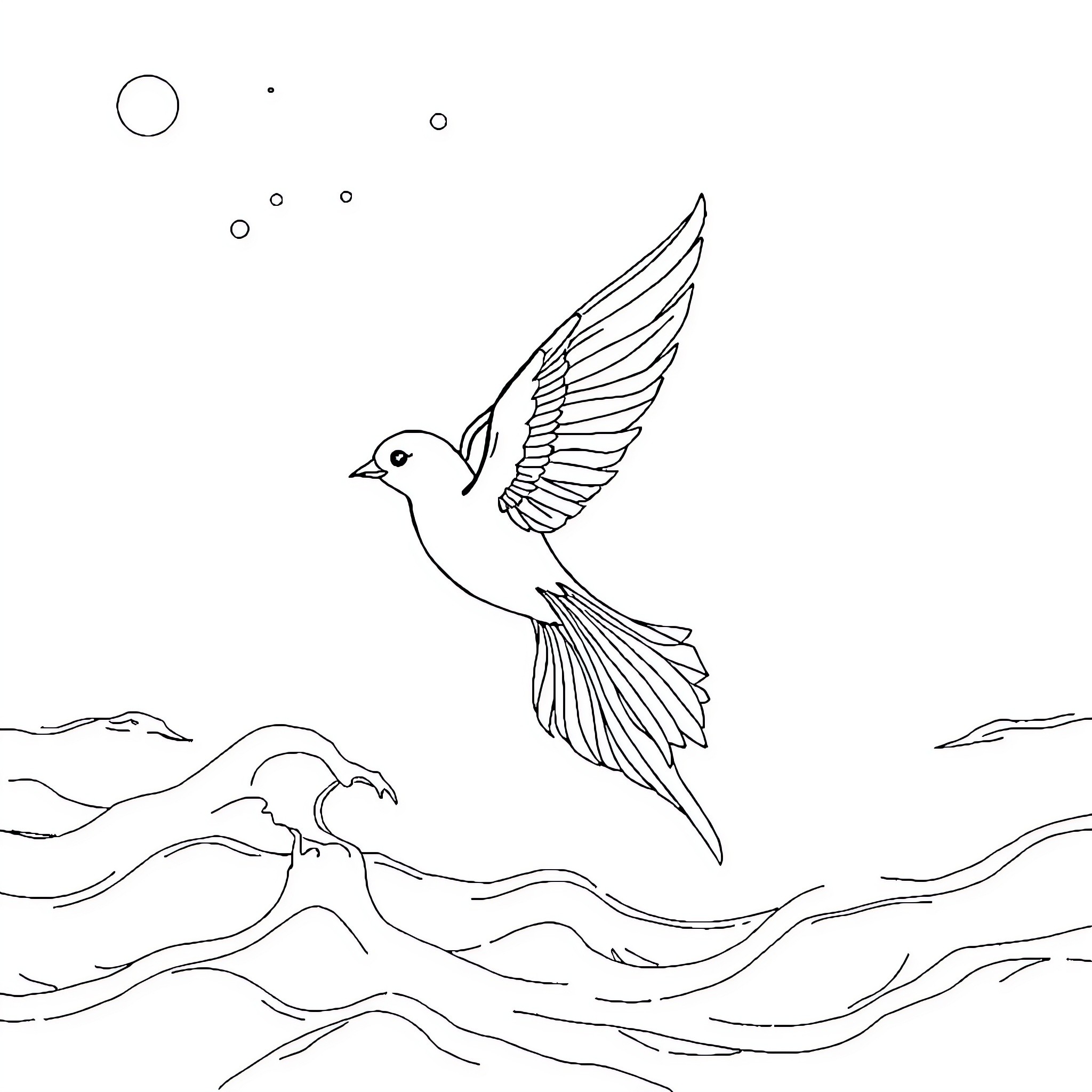 Hada Bird Soaring Over Waves Coloring Page (free black-and-white line drawing printable PDF for all, from beginners to advanced learners, including children, teens, adults, and seniors)