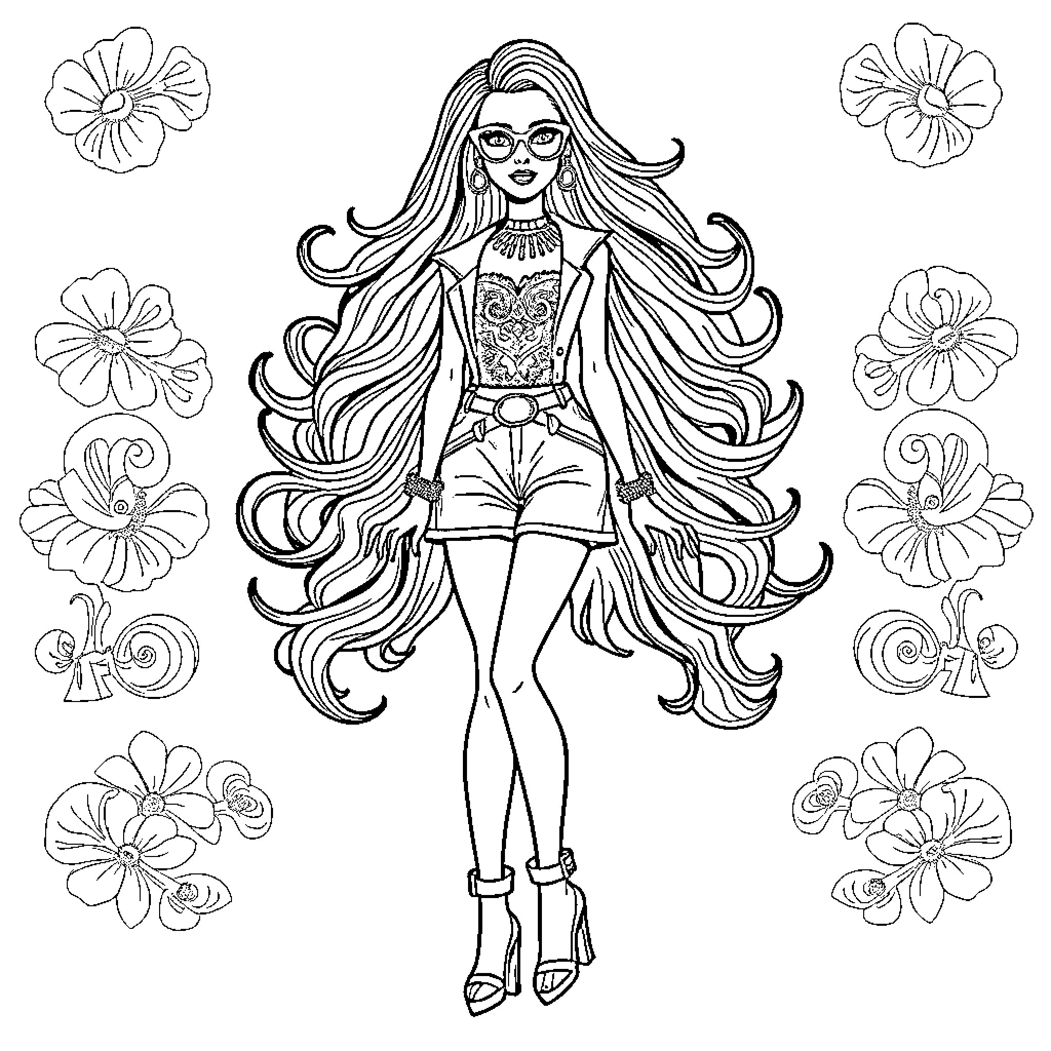 Barbie in a floral fantasy with long hair Coloring Page (free black-and-white line drawing printable PDF for all, from beginners to advanced learners, including children, teens, adults, and seniors)