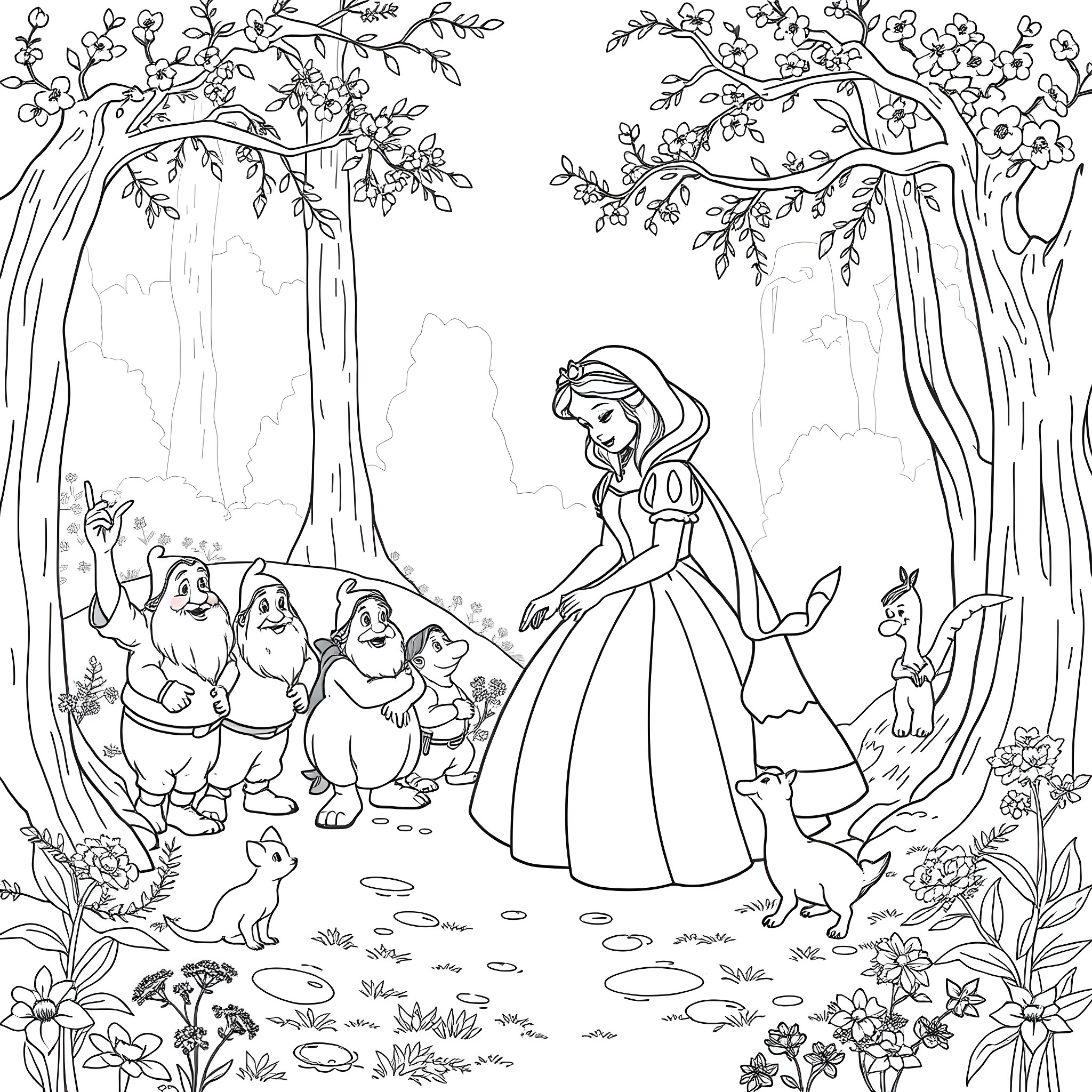 Dwarf fairy tale princess among forest creatures Coloring Page (free black-and-white line drawing printable PDF for all, from beginners to advanced learners, including children, teens, adults, and seniors)