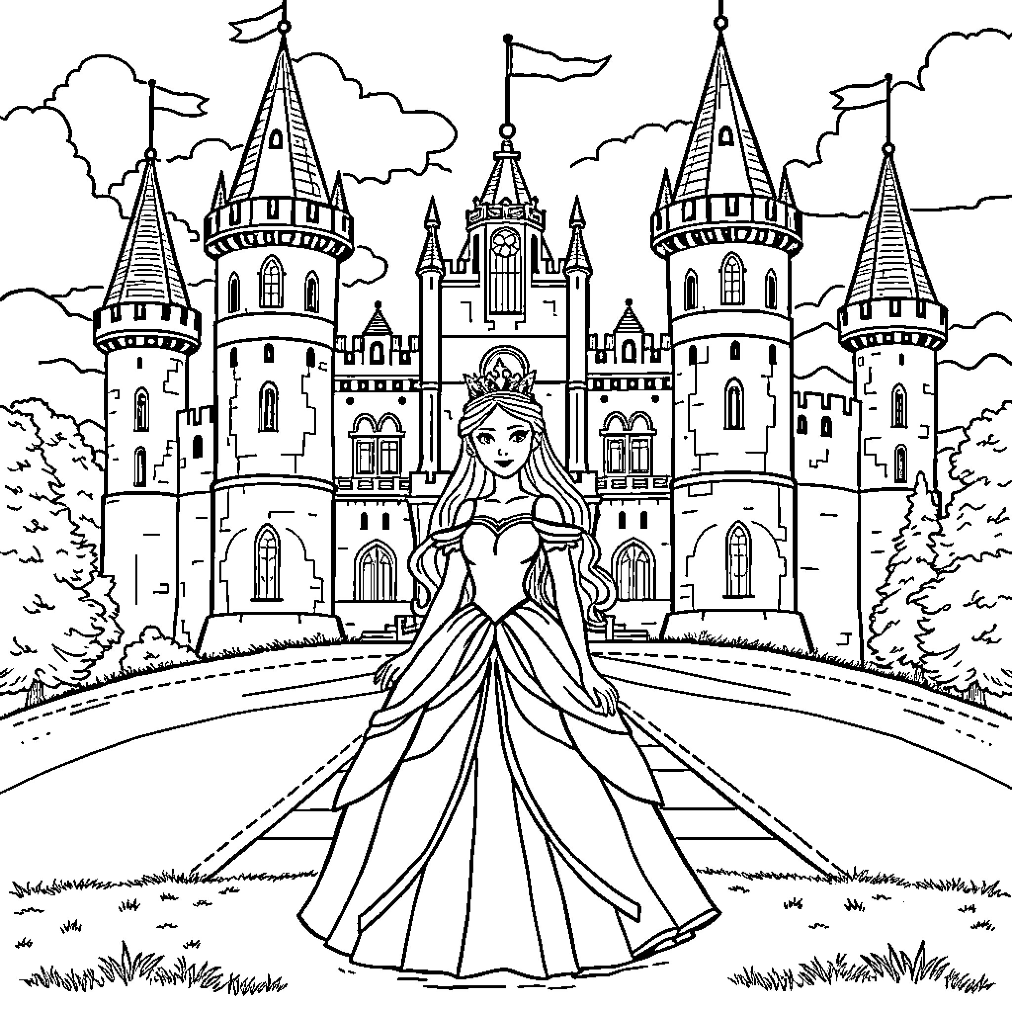 Princess Gazing at Majestic Castle Coloring Page (free black-and-white line drawing printable PDF for all, from beginners to advanced learners, including children, teens, adults, and seniors)