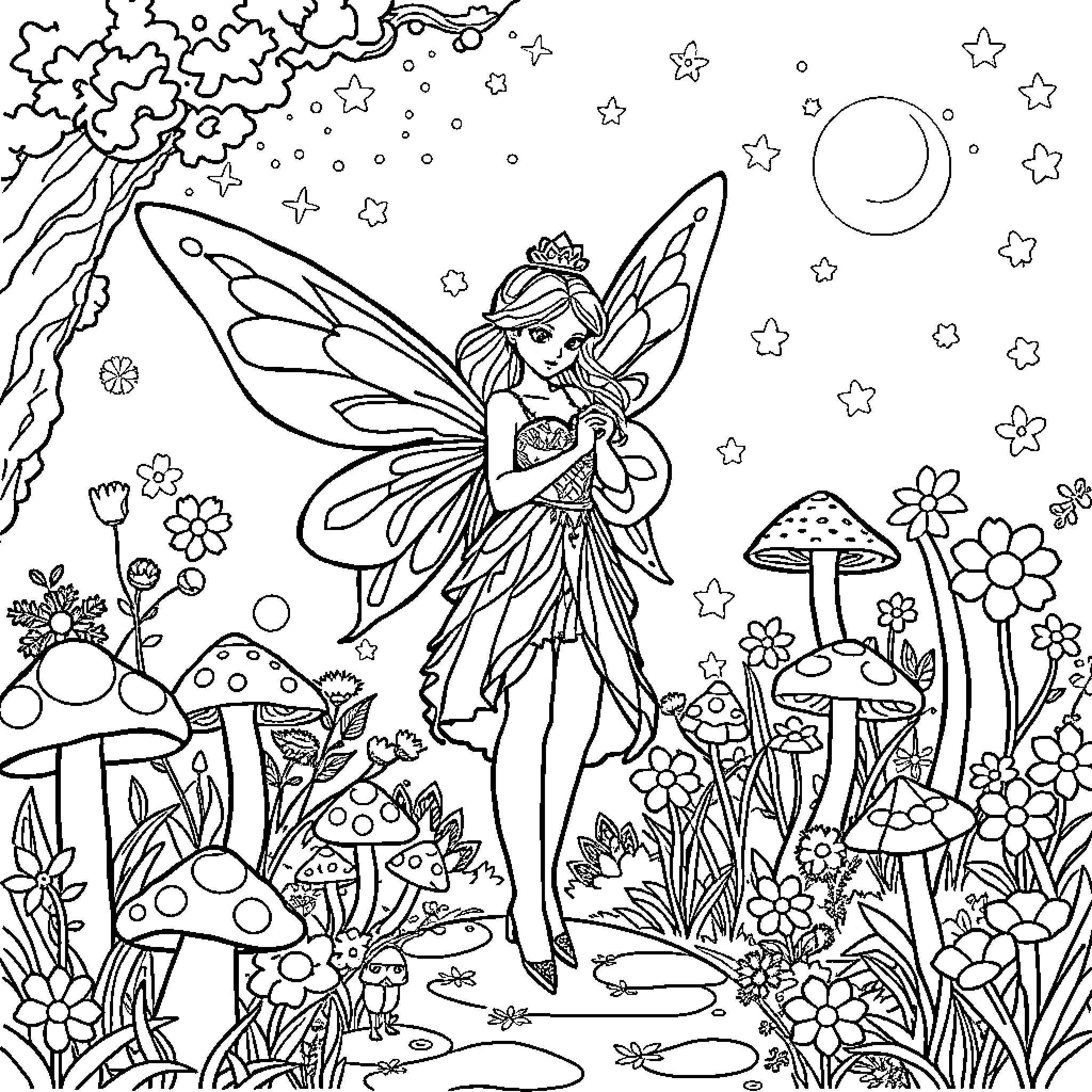 Fairy princess surrounded by fantastical mushrooms and nature Coloring Page (free black-and-white line drawing printable PDF for all, from beginners to advanced learners, including children, teens, adults, and seniors)