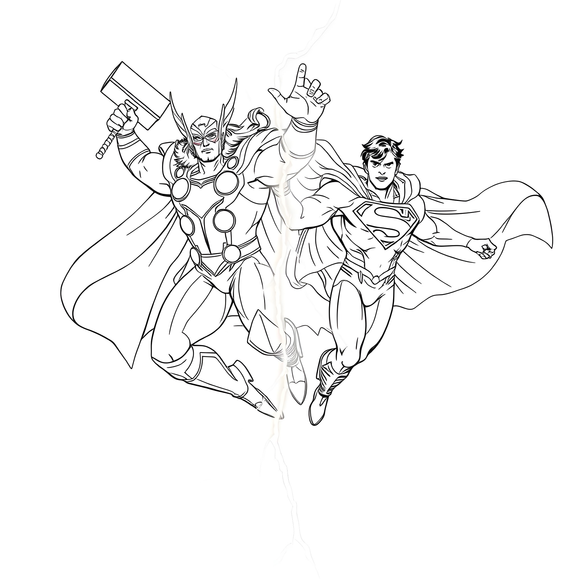 Amalgamation of Heroic Figures in Action Coloring Page (free black-and-white line drawing printable PDF for all, from beginners to advanced learners, including children, teens, adults, and seniors)