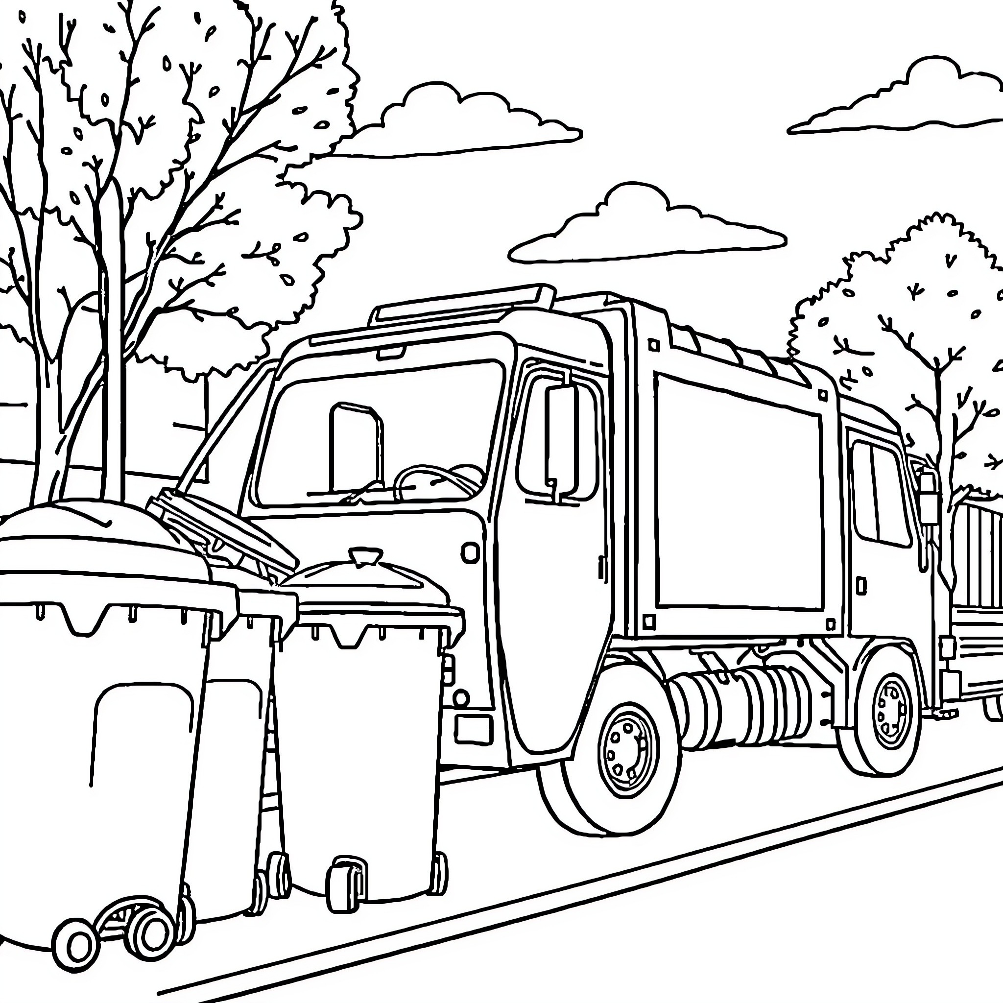 Garbage Truck Collecting Waste on a Suburban Street Coloring Page (free black-and-white line drawing printable PDF for all, from beginners to advanced learners, including children, teens, adults, and seniors)