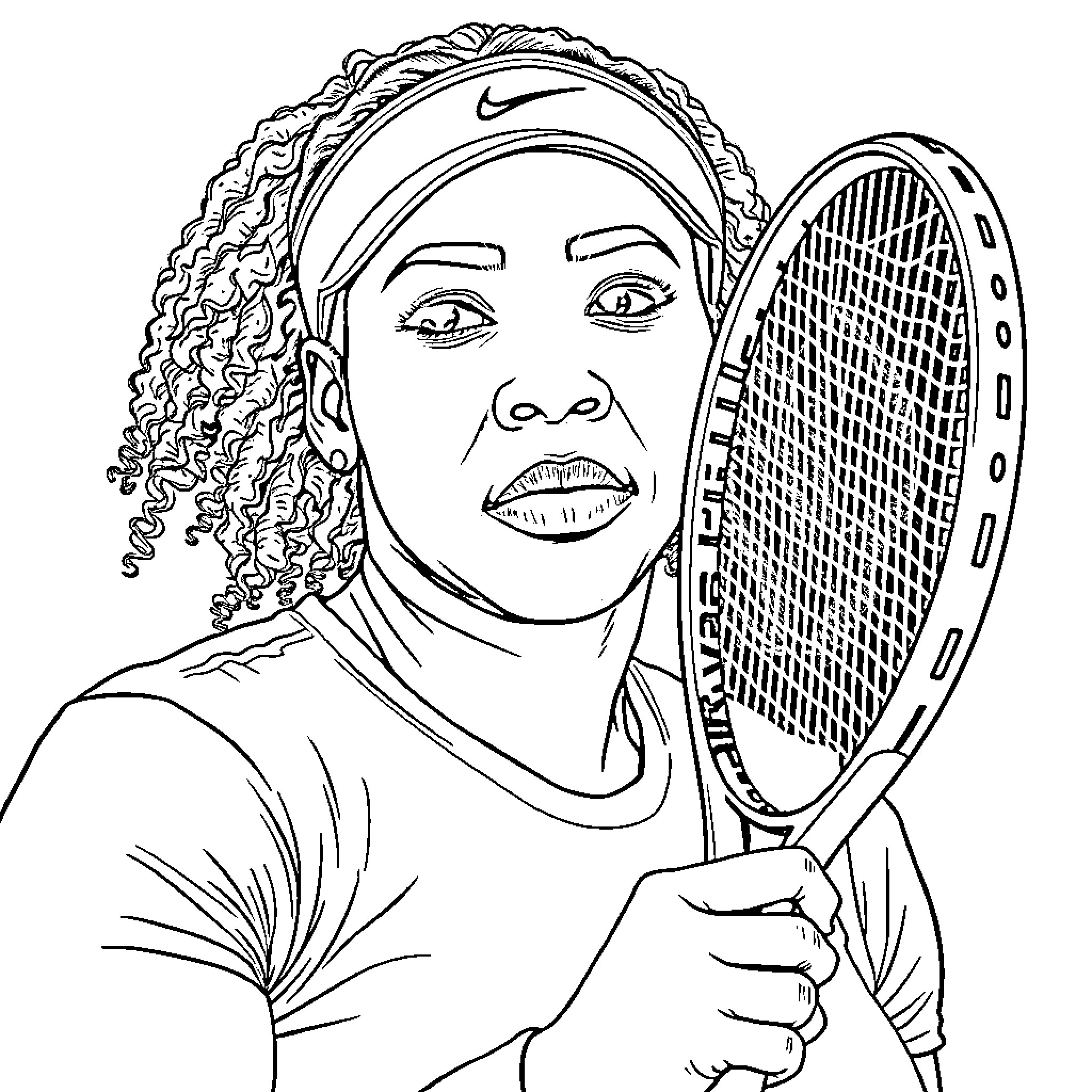 Serena Williams playing tennis with determination Coloring Page (free black-and-white line drawing printable PDF for all, from beginners to advanced learners, including children, teens, adults, and seniors)
