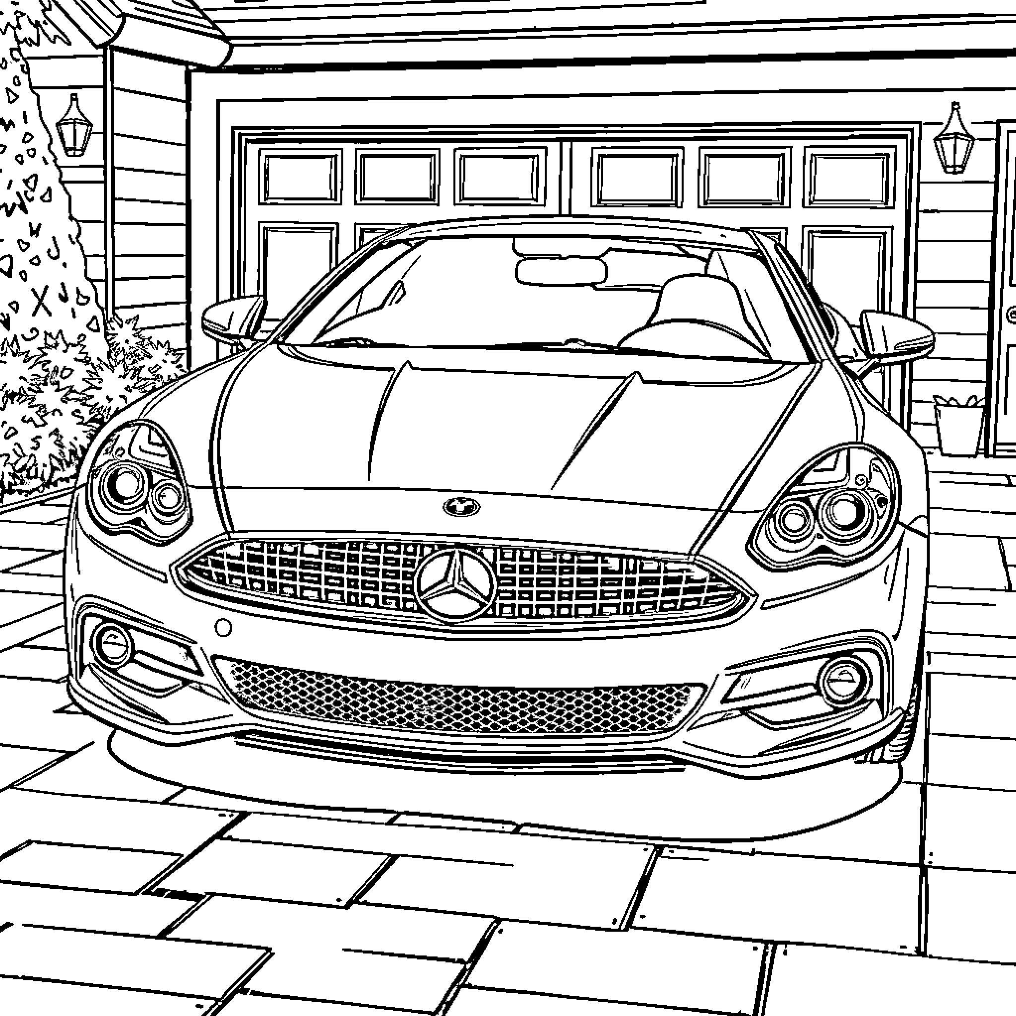 Car parked in front of a house Coloring Page (free black-and-white line drawing printable PDF for all, from beginners to advanced learners, including children, teens, adults, and seniors)
