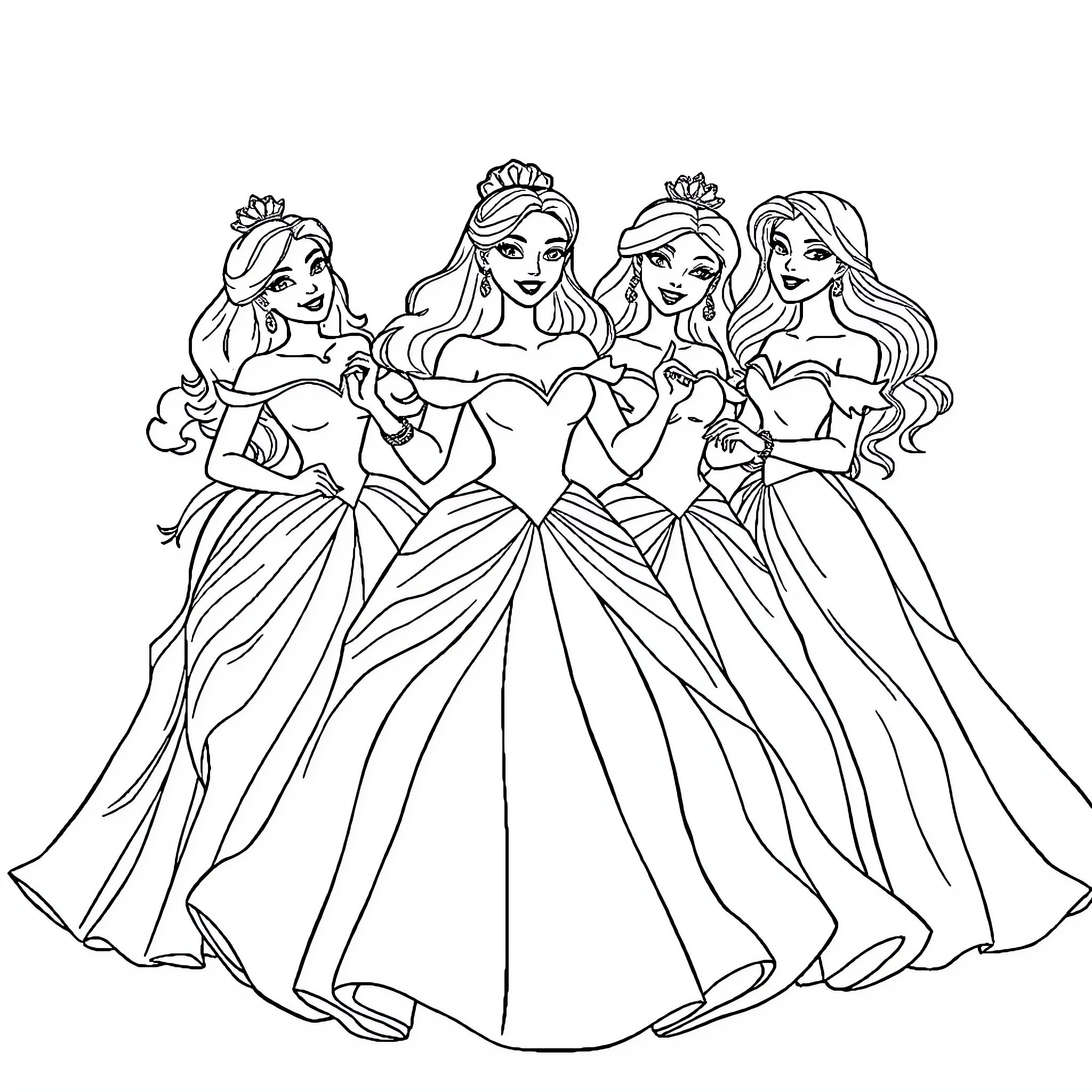 Princess Ensemble in Elegant Gowns Coloring Page (free black-and-white line drawing printable PDF for all, from beginners to advanced learners, including children, teens, adults, and seniors)
