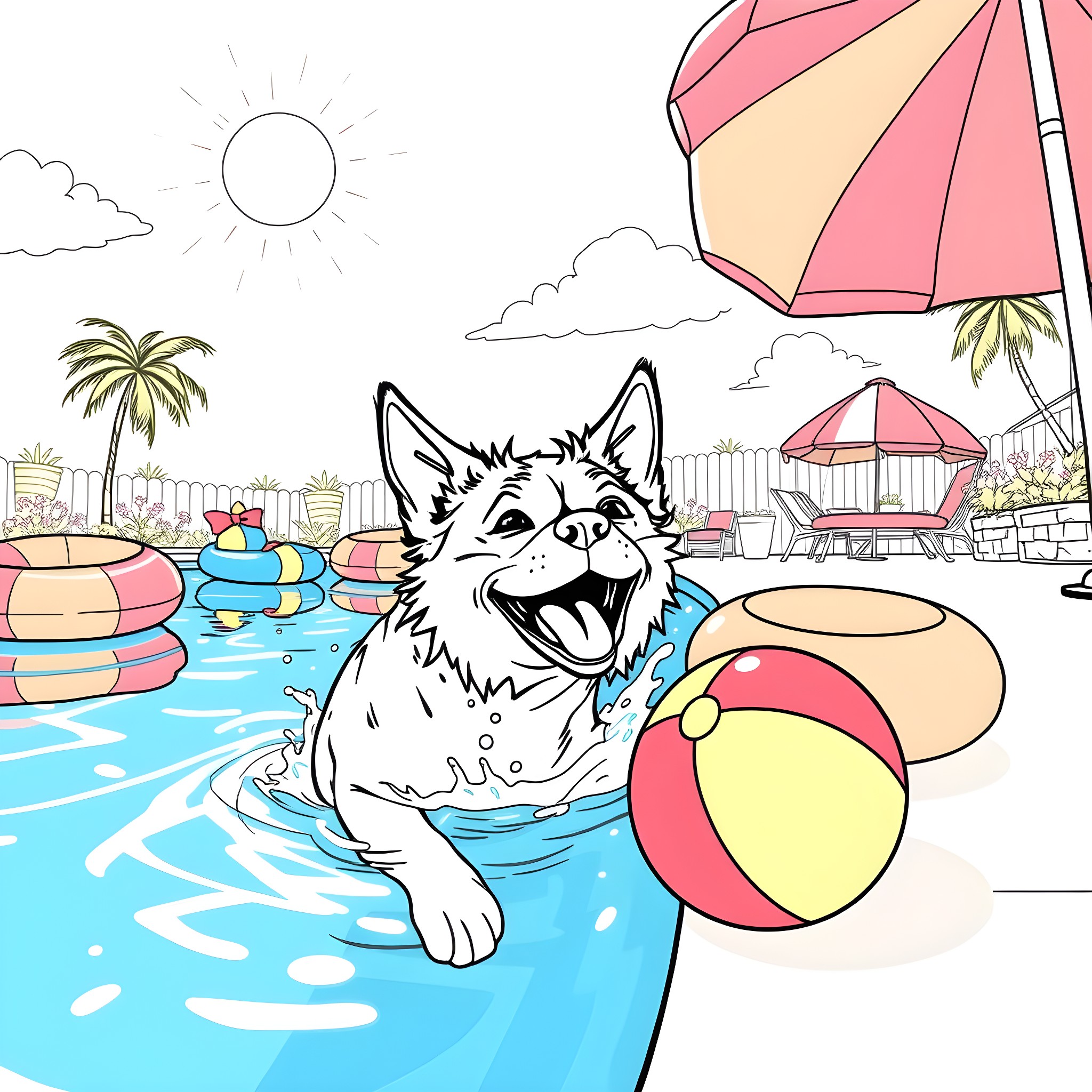 Catdog playing happily in the pool on a sunny day Coloring Page (free black-and-white line drawing printable PDF for all, from beginners to advanced learners, including children, teens, adults, and seniors)