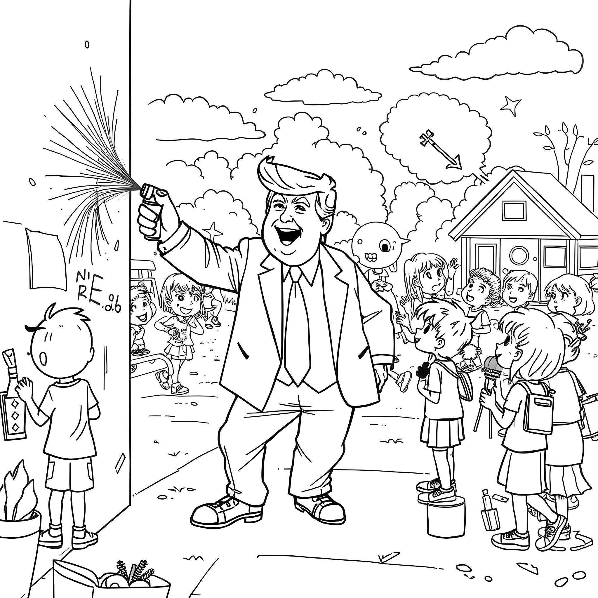 Donald Trump celebrates with a crowd of people Coloring Page (free black-and-white line drawing printable PDF for all, from beginners to advanced learners, including children, teens, adults, and seniors)