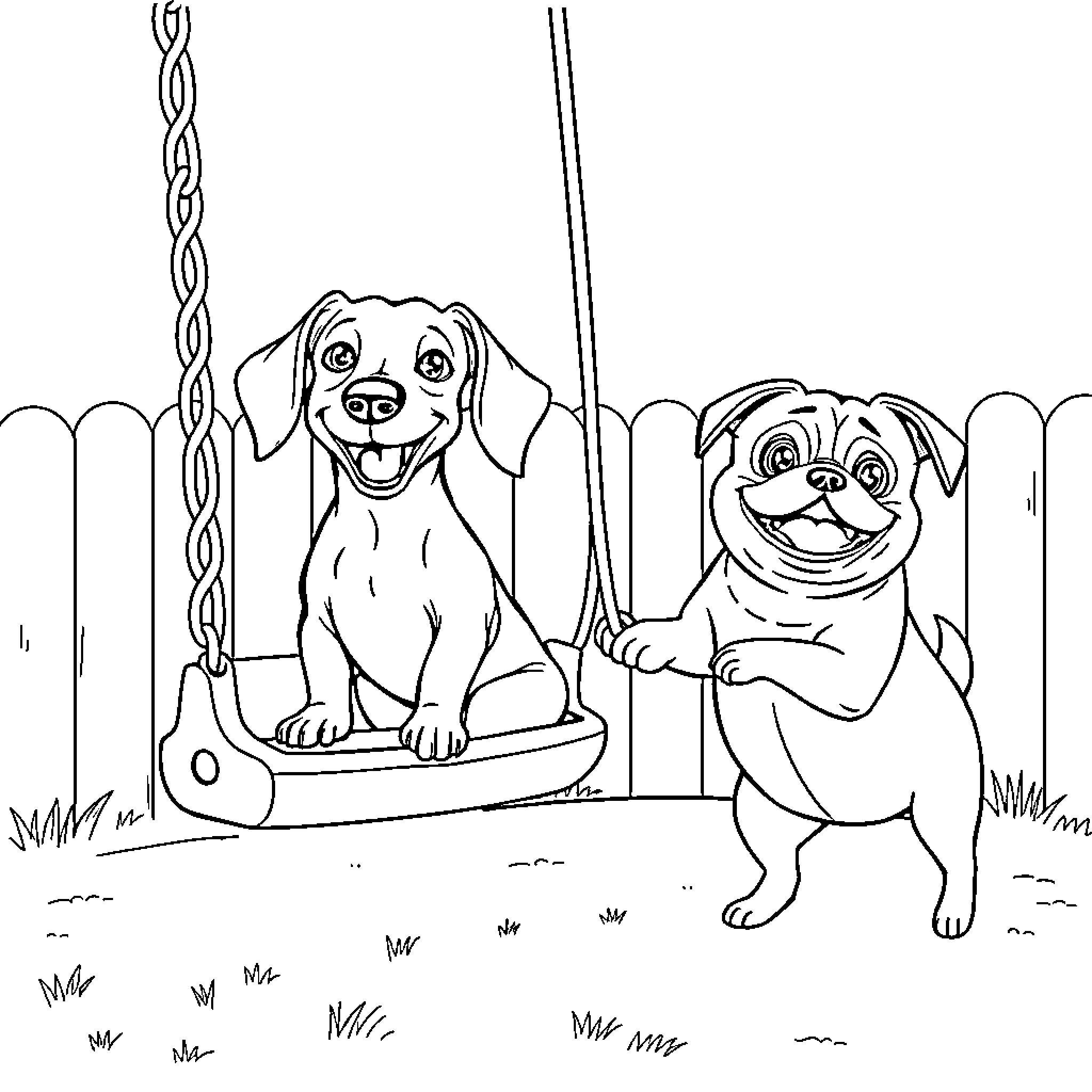 Dachshund and Pug playing on a swing set Coloring Page (free black-and-white line drawing printable PDF for all, from beginners to advanced learners, including children, teens, adults, and seniors)