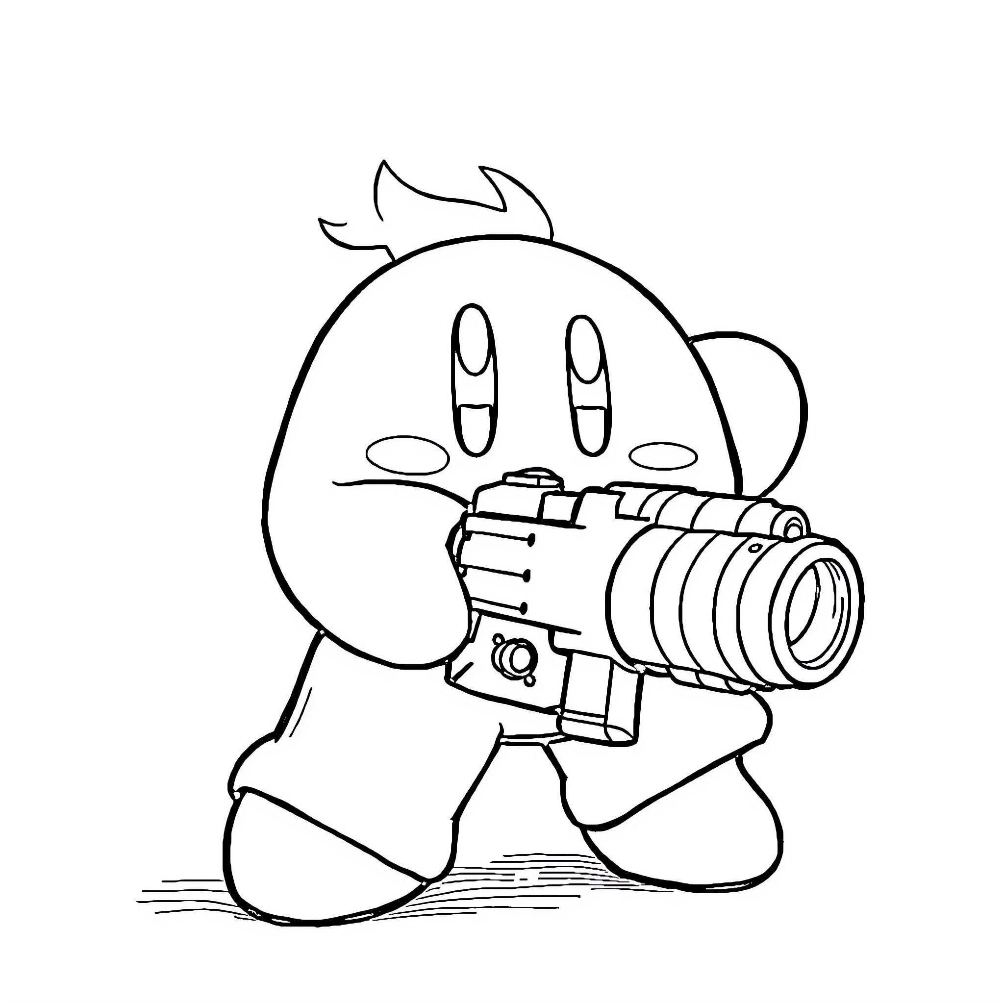 Kirby Wielding a Powerful Weapon Coloring Page (free black-and-white line drawing printable PDF for all, from beginners to advanced learners, including children, teens, adults, and seniors)