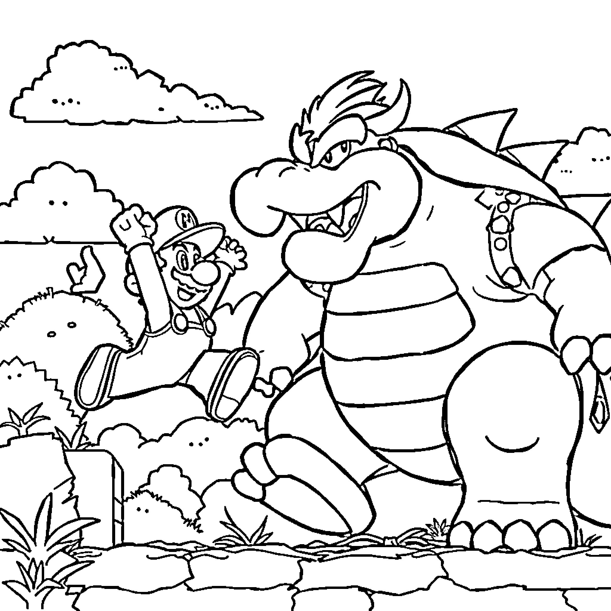 Mario Battling a Fierce Foe in a Fantastical Landscape Coloring Page (free black-and-white line drawing printable PDF for all, from beginners to advanced learners, including children, teens, adults, and seniors)