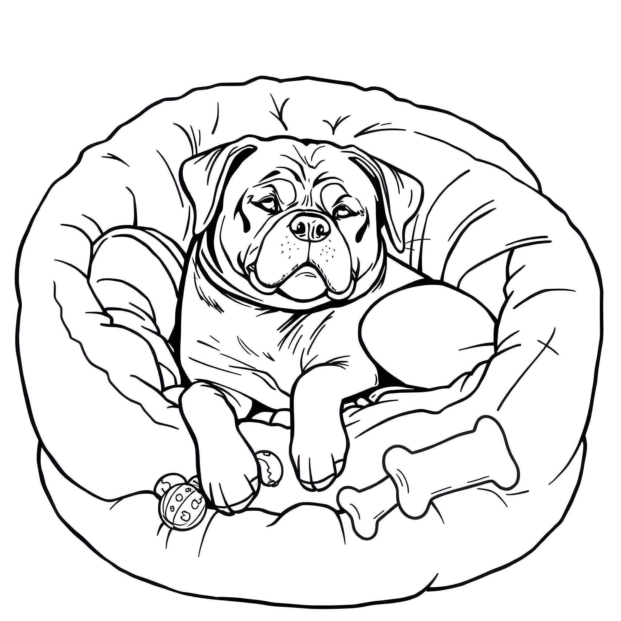 Rottweiler lounging comfortably on a cushion Coloring Page (free black-and-white line drawing printable PDF for all, from beginners to advanced learners, including children, teens, adults, and seniors)