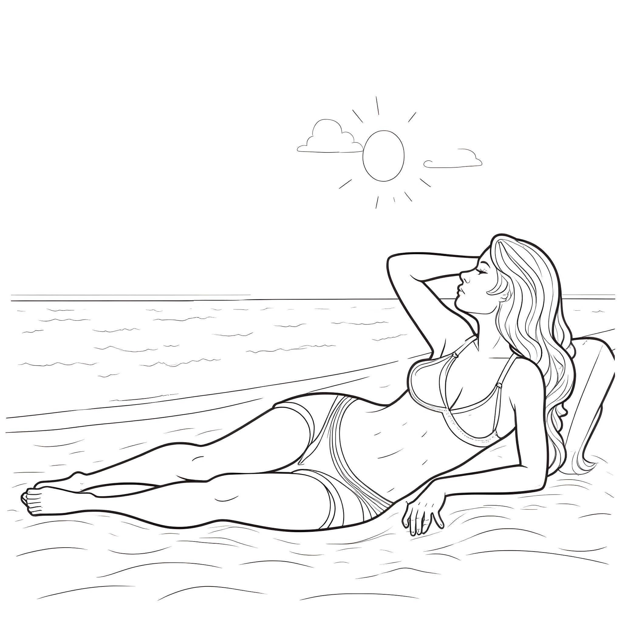 Angela White relaxing peacefully on the beach Coloring Page (free black-and-white line drawing printable PDF for all, from beginners to advanced learners, including children, teens, adults, and seniors)